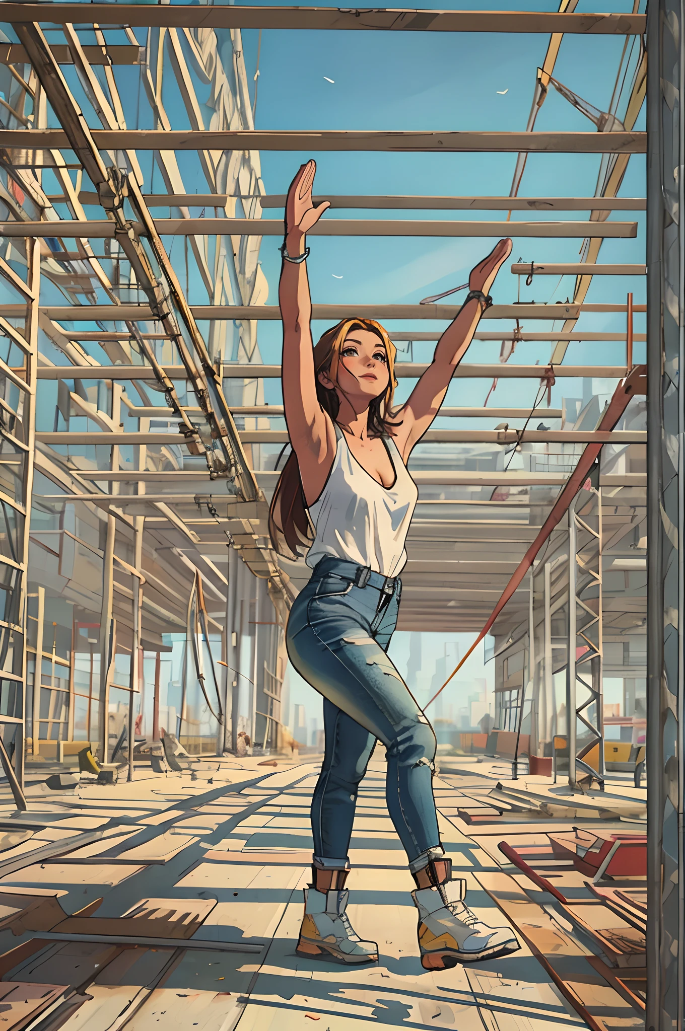 A beautiful woman walking over a construction site scaffolding , outstretched arms, balancing