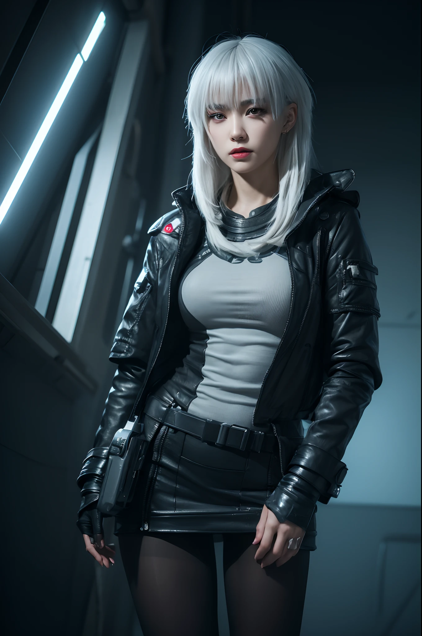 bestquality,highquality,superdetail,texturedskin,detail,awardwinning，3D, A beautiful cyberpunk female image,battledress，white haired，hdr（HighDynamicRange）,Ray traching,NVIDIA RTX,Hyper-Resolution,Unreal 5,Subsurface scattering、PBR Texture、post-proces、Anisotropy Filtering、depth of fields、maximum definition and sharpness、Many-Layer Textures、Albedo e mapas Speculares、Surface coloring、Accurate simulation octane rendering of light-material interactions、Two-colored light、largeaperture、Low ISO、White balance、the rule of thirds、8K raw data、blackstockings