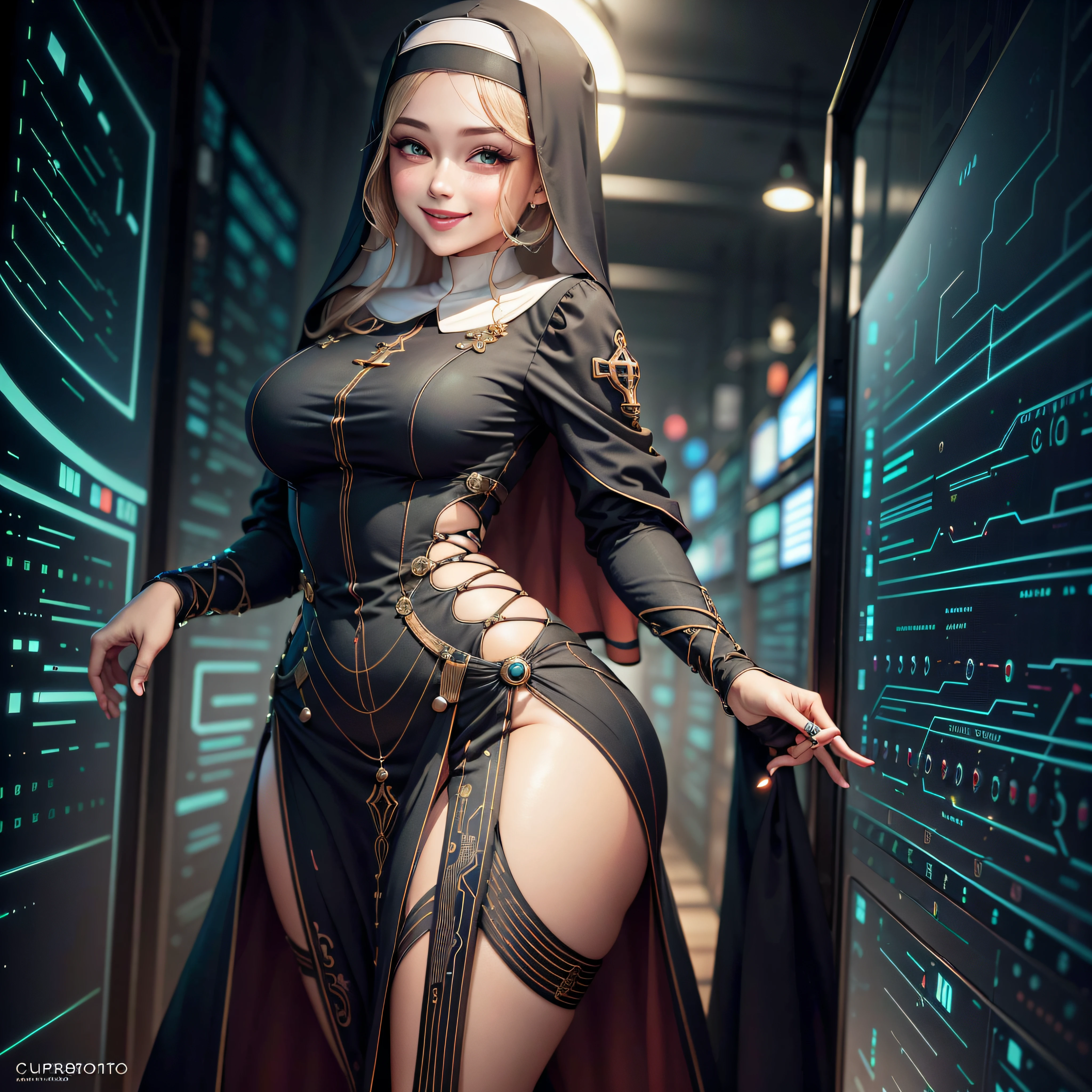 CircuitBoardAI dress  on woman nun, seductive, smile