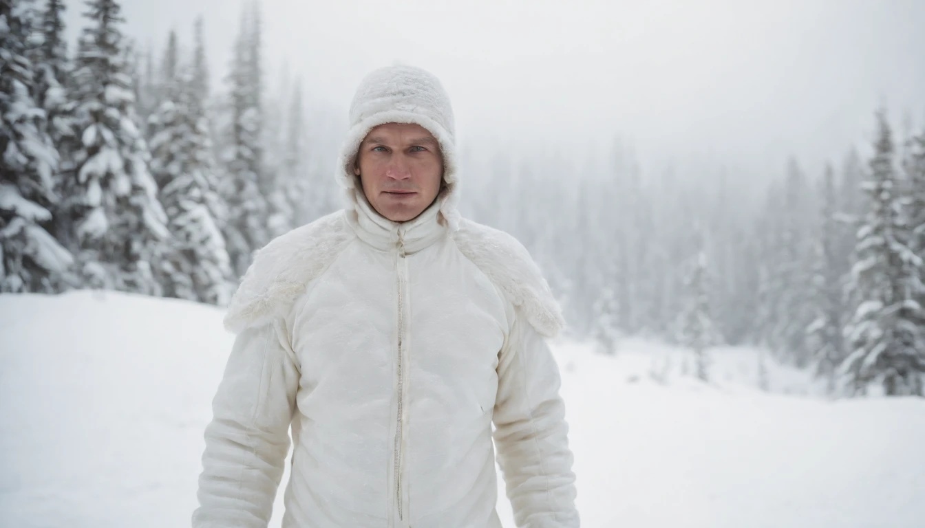 A reenactment image of Simo Häyhä wearing his white camouflage suit, hidden in the snowy wilderness.