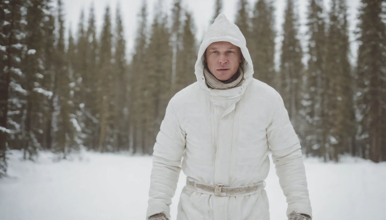 A reenactment image of Simo Häyhä wearing his white camouflage suit, hidden in the snowy wilderness.