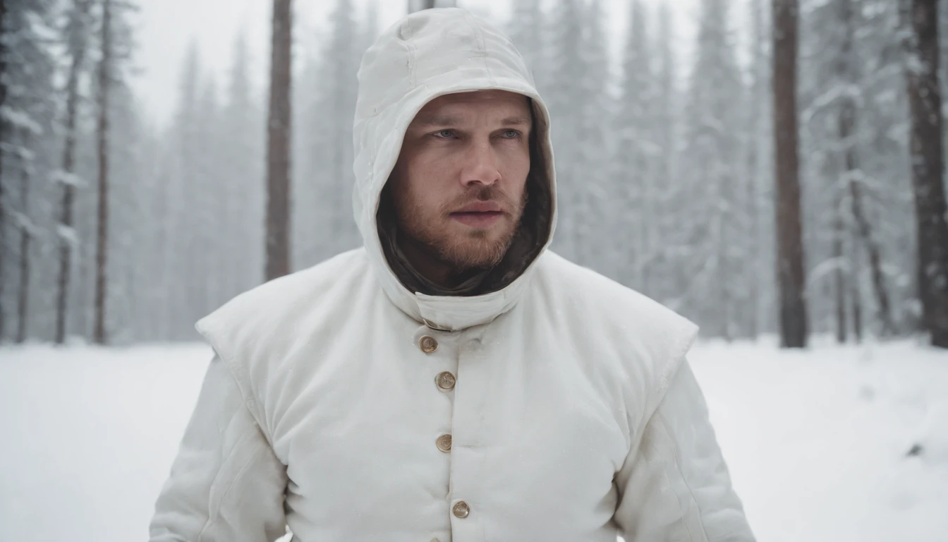 A reenactment image of Simo Häyhä wearing his white camouflage suit, hidden in the snowy wilderness.