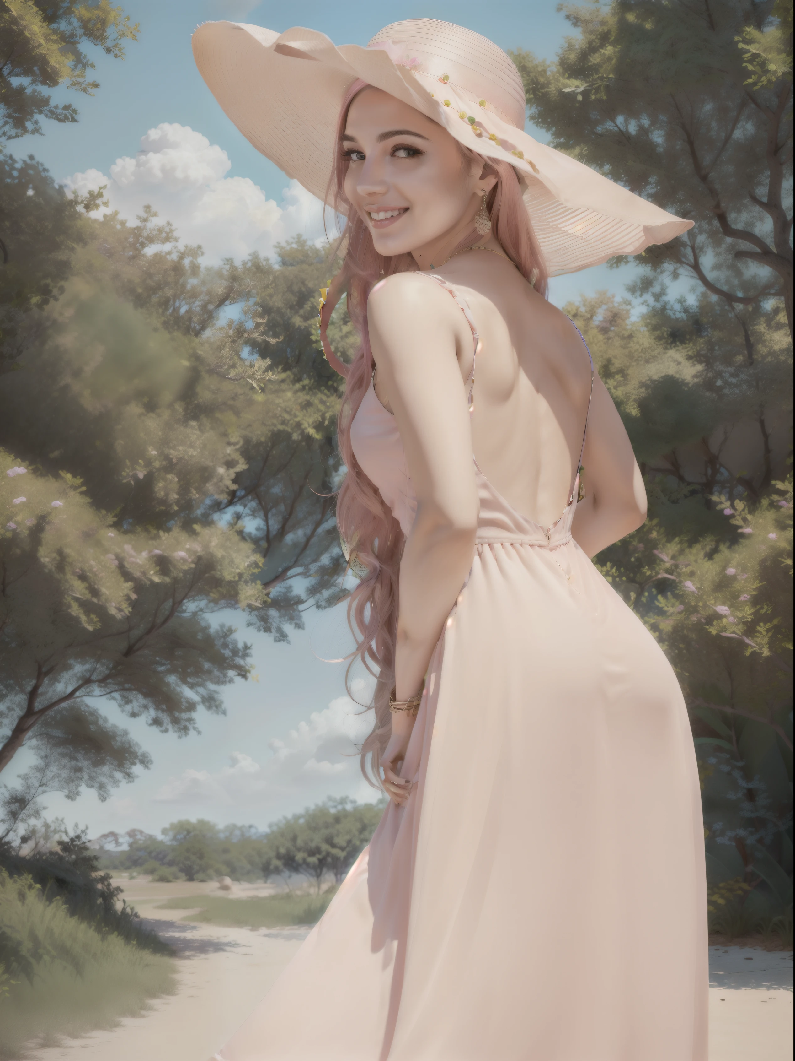 (best quality,4k,8k,highres,masterpiece:1.2),ultra-detailed,(realistic,photorealistic,photo-realistic:1.37),very long pink hair,long pink summer dress,pink eyes,wide-brimmed hat,simple makeup,portraits,vivid colors,soft lighting, smiling, full body, looking back while lifting up her dress