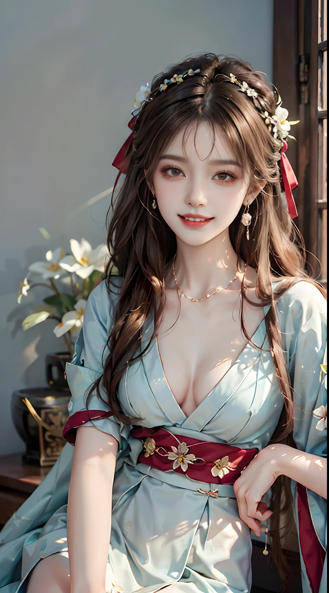 ((upper body)), ((Front Shooting)), ((realistic)), 1 Asian female model, A young girl, (Close up), (Being in the room, Sit Pose, Cross ed leg, Leaning against the dresser), Pleasing posture, Eye-catching poses, Detailed scenes, Coiled hair, Hairpins, Beautiful hair accessories, Brownish-yellow hair, light make-up, Blushlush, Gloss on lips, ((White floral Hanfu, Cover your chest, high-waist, Nice belt)), ((warm lights, a warm color palette)), (Extremely high color saturation), Detailed details, ultra-detailliert, (tmasterpiece, best qualtiy), (An extremely delicate and beautiful work), Delicate earrings, Delicate necklace, Simple blurred background, Extreme detail description, Ultra-fine painting, Delicate face, slim toned body, Slimming the waist, (grin, happy grin, Baring teeth), (anatomy correct)