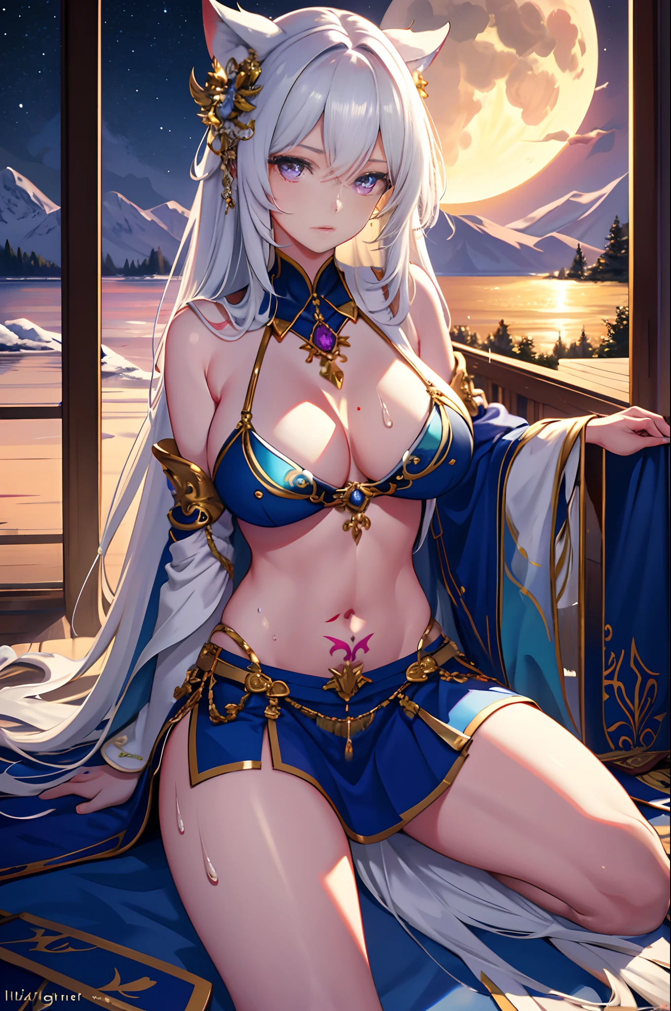 A high resolution, HighestQuali, illustration, Cinematic light, Ultra detailed, Detailed face, (Detailed eyes), Best quality, ultra - detailed, Masterpiece, (Detailed face),1girll, Girl, White hair, Purple eyes, highest details, glowing light eyes, medium breats, sit on a bed, Sitting,，Stripped，Exposing female genital organs，Flow liquid， Bed, window, Night sky, Lake outside, Moon, full moon, back lit lighting, Light rays, (High contrast), (Colorful),s girl，a color，Gradient Long Hair，Heteropupil（Random），Take off your top，Strip your upper body（effect），revealing her belly，Tattooed with，best qualtiy，tmasterpiece，Extremely refined and beautiful，extremely detaile，8K，finely detailled，Take off your skirt，Strip your lower body（effect），Exposing female genital organs，Show long legs，Super camel toes，Hand optimization，Attention to detail，White matter of the skin，Shiny，Full Body Sweat，Lots of sweat，Adulterated，liquid milk，an female genital organs，Milk flows out
