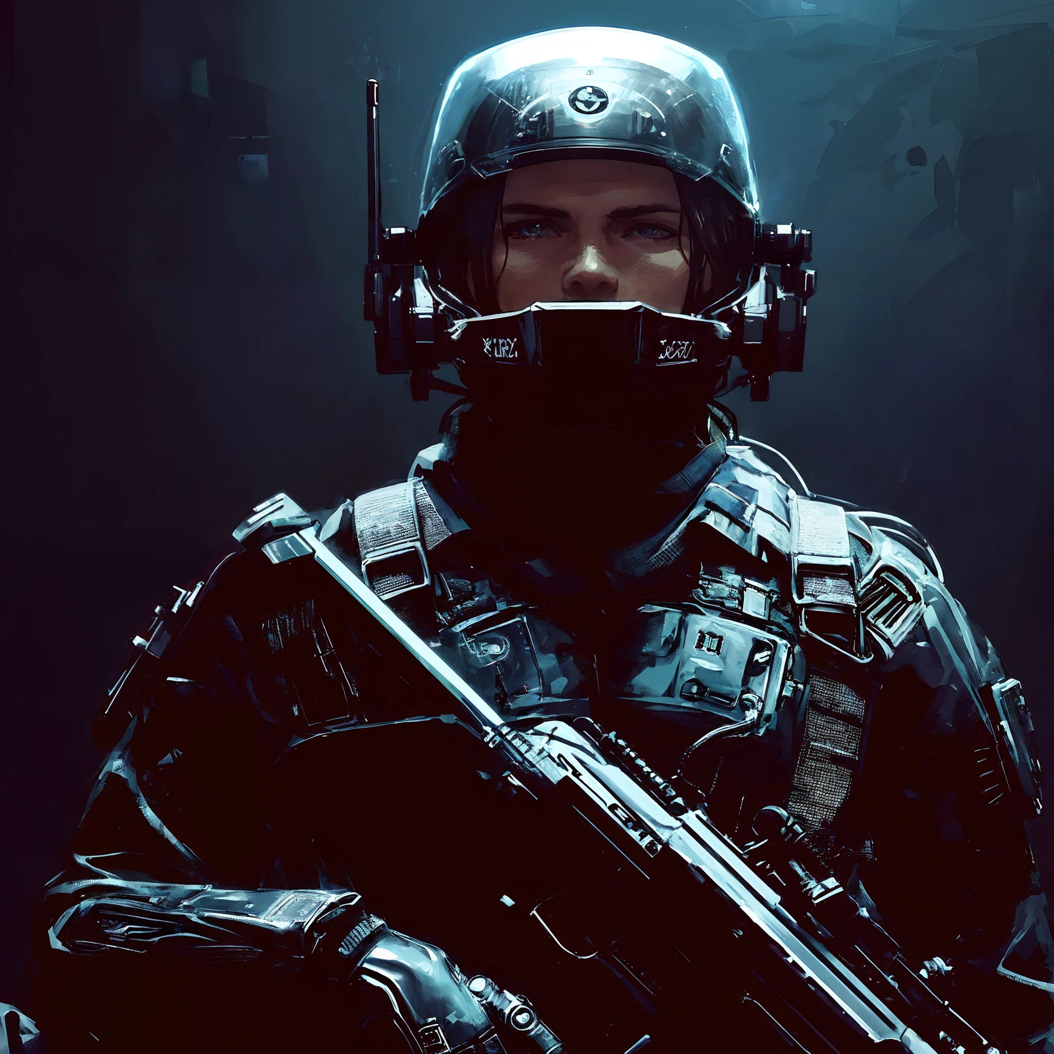 There's a man in a helmet and a gun in the dark, soldado futurista, sci-fi soldier, soldado cyberpunk, Wojtek FUS, Epic Sci-Fi Character Art, Epic Sci - Arte do Personagem de Fi:, clothed in sci-fi military armor, Arte conceitual como Ernest Khalimov, sci - personagem de fi, cyberpunk militar imperial, com equipamento futurista e capacete