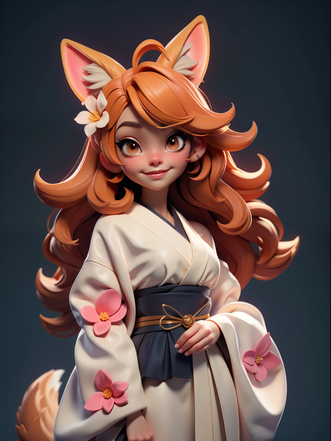Masterpiece, Best quality, Highly detailed, 1girll, Solo, (:3:0.9), sanimal ear fluff, Animal ears, Orange hair, Fluffy hair, Blush, Brown eyes, flower, Fox ears, Fox girl, Gradient, Gradient background, hair flower, hair adornments, Japanese clothes, komono, view the viewer, miko, Smile, Solo, White kimono, Beautiful lighting,3d,c4d，rendering by octane，Virtual Engine