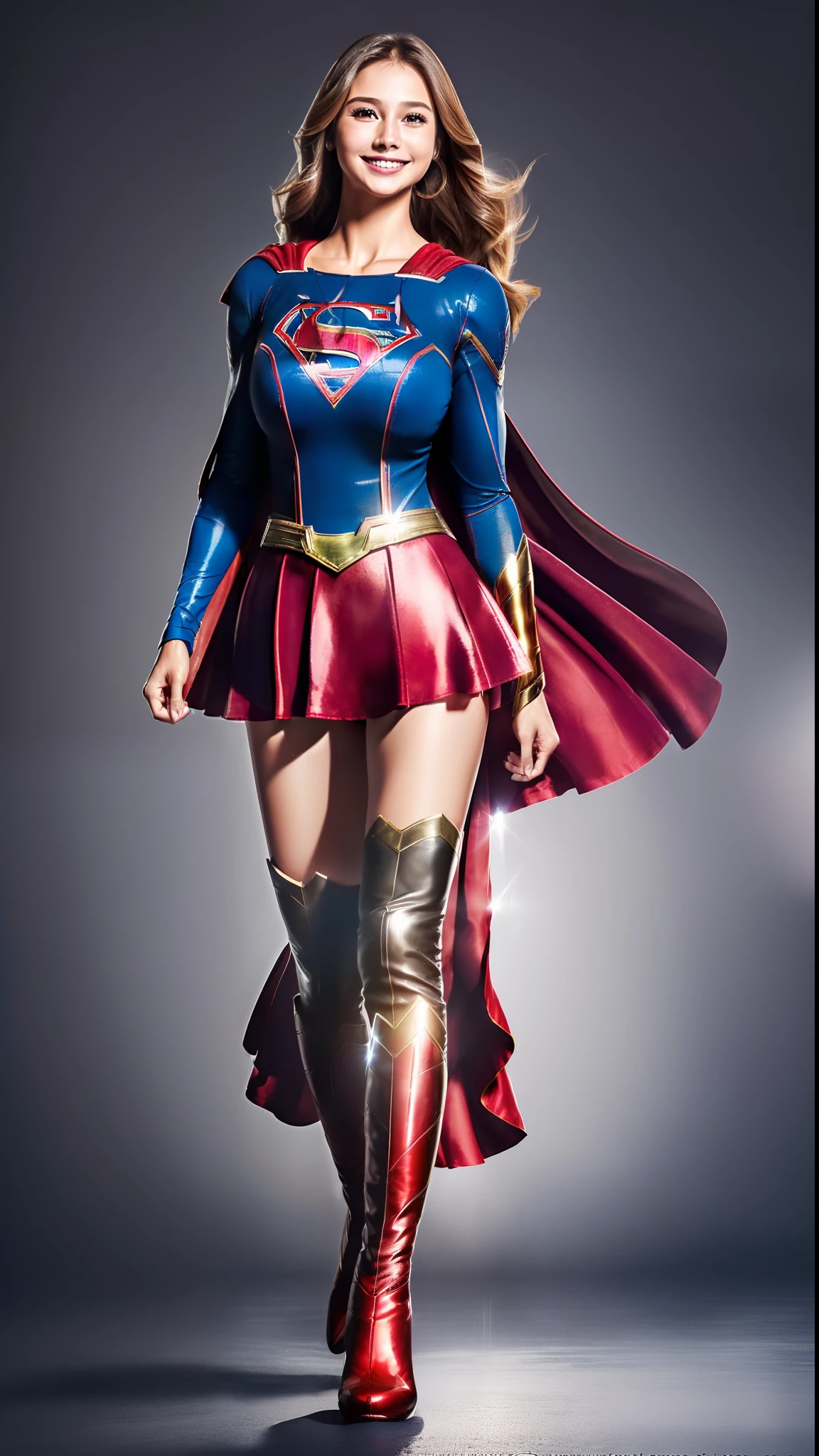 (((Make the most of the original image)))、(((Supergirl Costume)))、(((lustrous dark hair)))、(((Suffering)))、(((Feet must necessarily be worn with black tights)))、(((Smile)))、(((You need to wear red boots)))、((Top image quality、8K))、((top-quality、8K、masterpiece:1.3))、Crisp focus:1.2、Beautiful woman with perfect body shape:1.4、Slender Abs:1.2、((layers-Cut、large boob:1.2))、a wet body:1.5、Highly detailed facial and skin texture、