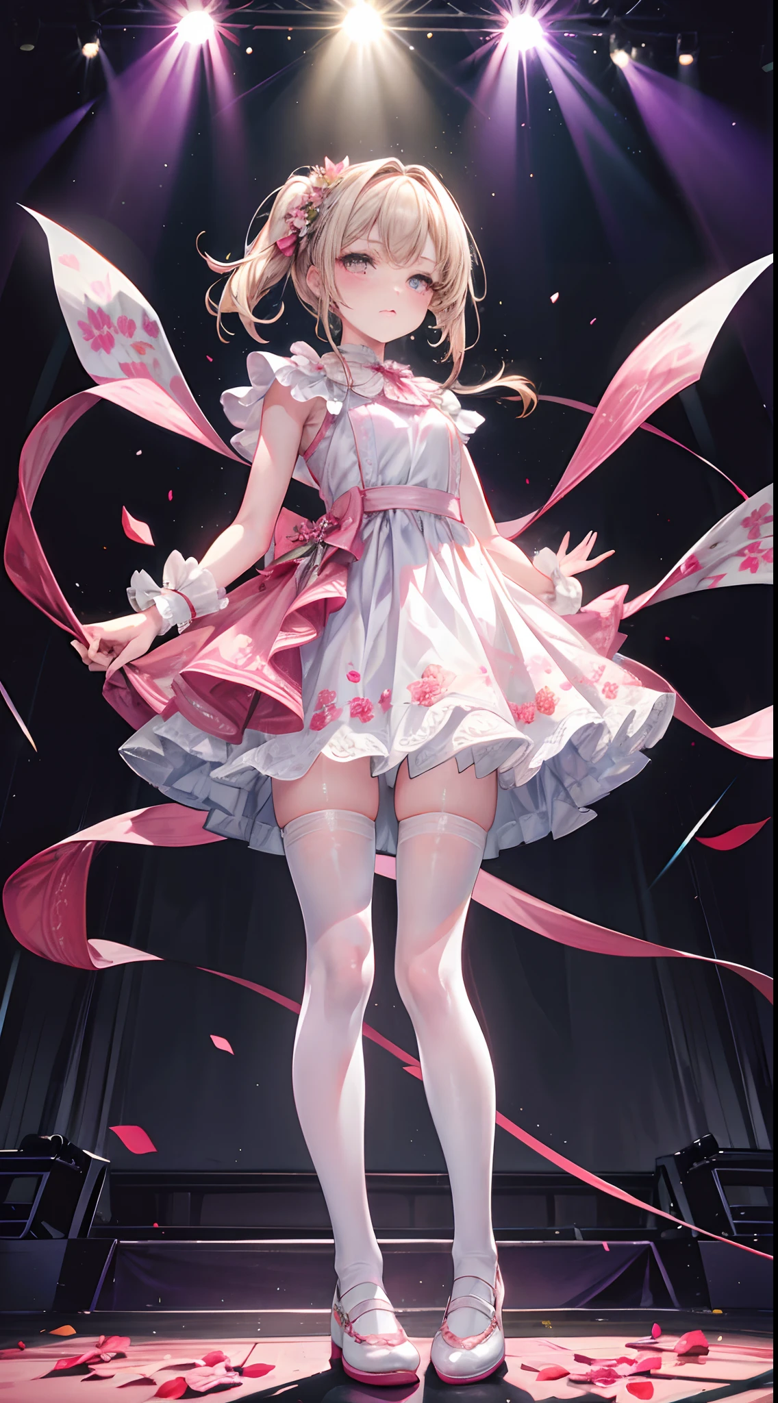 Face the viewer,Masterpiece,HighestQuali,one-girl,Stand on stage and sing,Delicate facial features,Pink floral dress,White tights,Small leather shoes,Stage,lamplight,Close-up of people