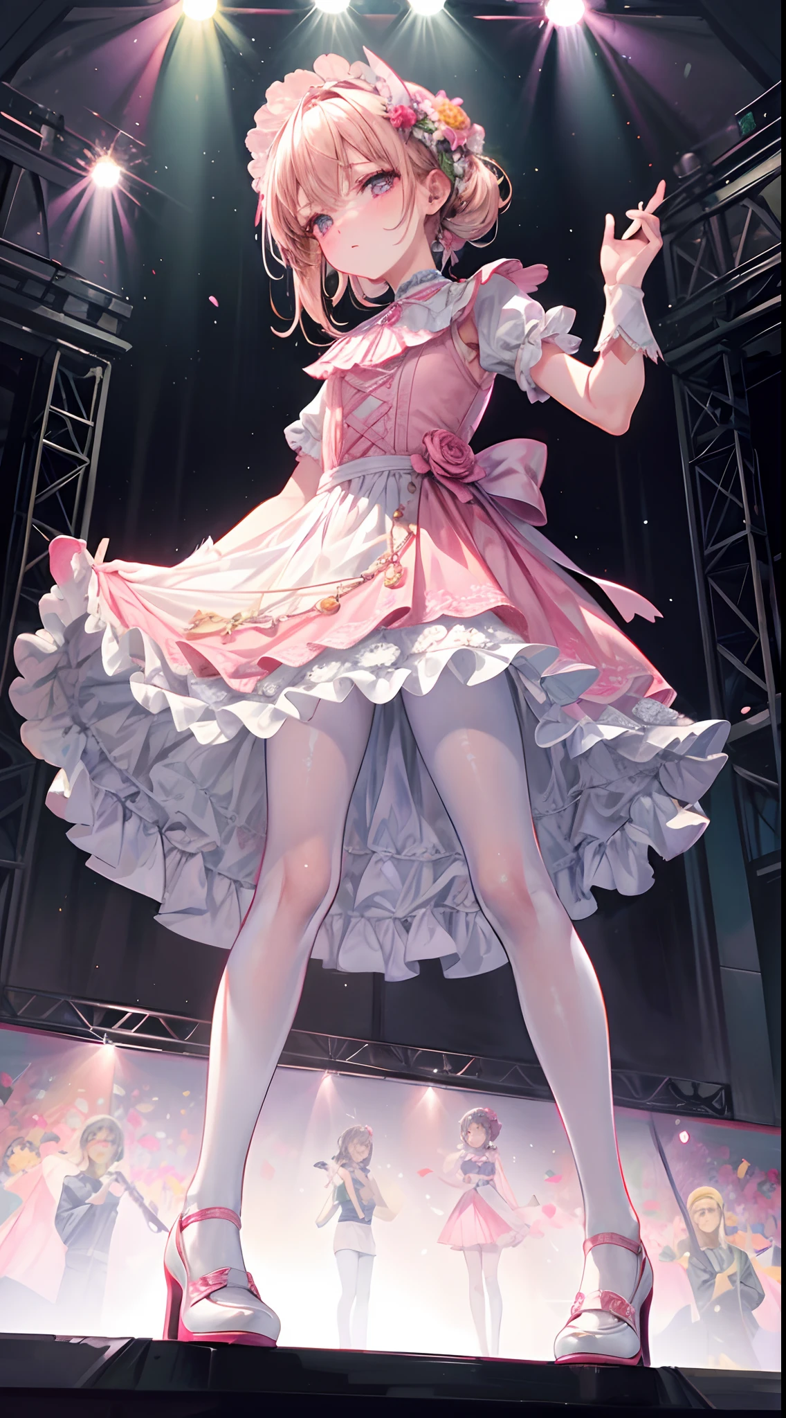 Face the viewer,Masterpiece,HighestQuali,one-girl,Stand on stage and sing,Delicate facial features,Pink floral dress,White tights,Small leather shoes,Stage,lamplight,Close-up of people