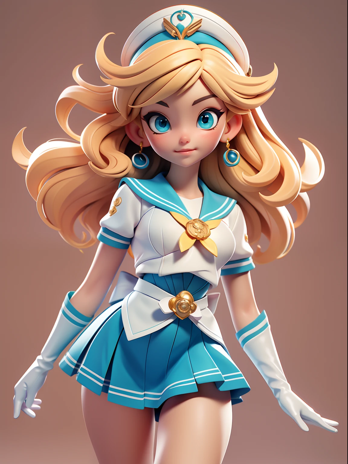 Close up, 1 girl, sailors, Tsukino Usaki, (Sailor Senshi Uniform:1.2), (aqua eyes:0.9), Blonde hair, Medium hair, Wedge skirt, Best quality, Earrings, Masterpiece, high resolution, Intricate details, (Realistic)), Photography, (White elbow gloves:1.1), jewelry, Medium breasts, full bodyesbian, Dynamic background, Dynamic pose, White,3d,c4d,rendering by octane