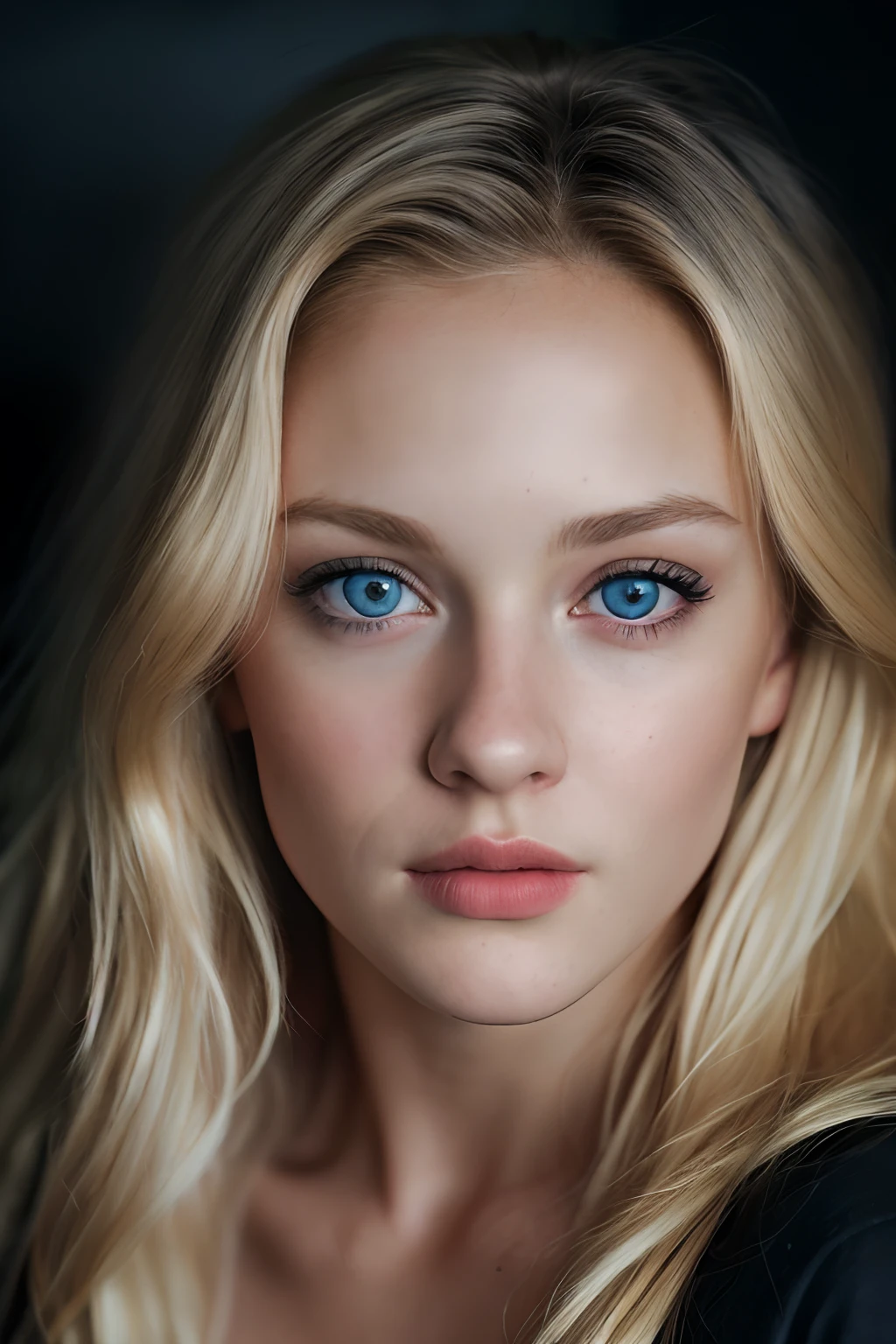 (close-up, editorial photograph of a blonde 21 year old woman), (highly detailed face:1.4)(blue eyes) (smile:0.7) (background inside dark, moody, private study:1.3) POV, by lee jeffries, nikon d850, film stock photograph ,4 kodak portra 400 ,camera f1.6 lens ,rich colors ,hyper realistic ,lifelike texture, dramatic lighting , cinestill 800,