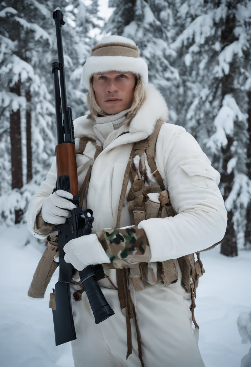 A reenactment image of Simo Häyhä wearing his white camouflage suit, hidden in the snowy wilderness with sniper rifle