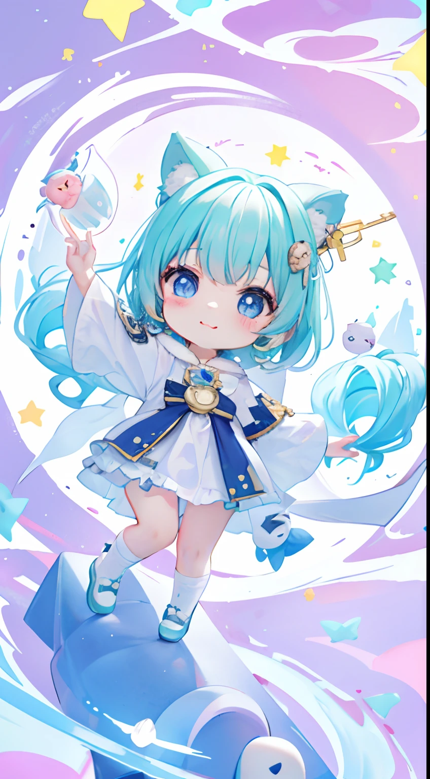 ((a sticker:1.5))), ((chibi character)), (white backgrounid), fluffly, Girl vs, Wizard costume, full body Esbian, pastel-colored hair, Pastel colors hair, fairytale-like, T-shirt design, tmasterpiece, best qualtiy,Shining eyes、Cute Turtle!!tchibi!!!,(Chibi Yara)