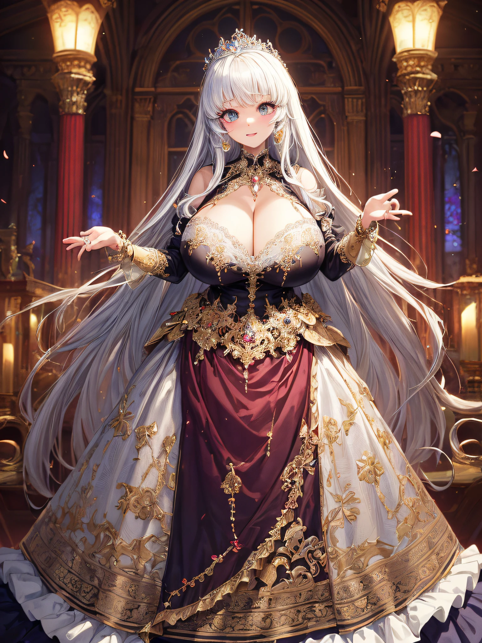 (masterpiece, best quality,extremely detailed:1.1),(moe anime art style:1.2),1girl,((full body)),((solo)), cute, kawaii,digital art,((1 bling-bling anime princess wearing beautiful embroidery and jeweled ruffled gorgeous princess ballgown with voluminous full length hoop skirt)),((crinoline)),long train,voluminous frills,(gorgeous embroidery and beautiful lace),((very gigantic boobs,skindentation)),cleavage,shiny hair,(((very long straight hair))),((finely detailed face and eyes)),clear pupil,extremely gorgeousfull hair ornament,(bling-bling jeweled extremely gorgeousfull tiara),(bling-bling gorgeous gemstone jewelry),long veil,beautiful background,fantasy background,flowers,flower petals flowing,full body,((beautiful embroidery and jeweled ruffled gorgeous princess ballgown with voluminous full length hoop skirt))