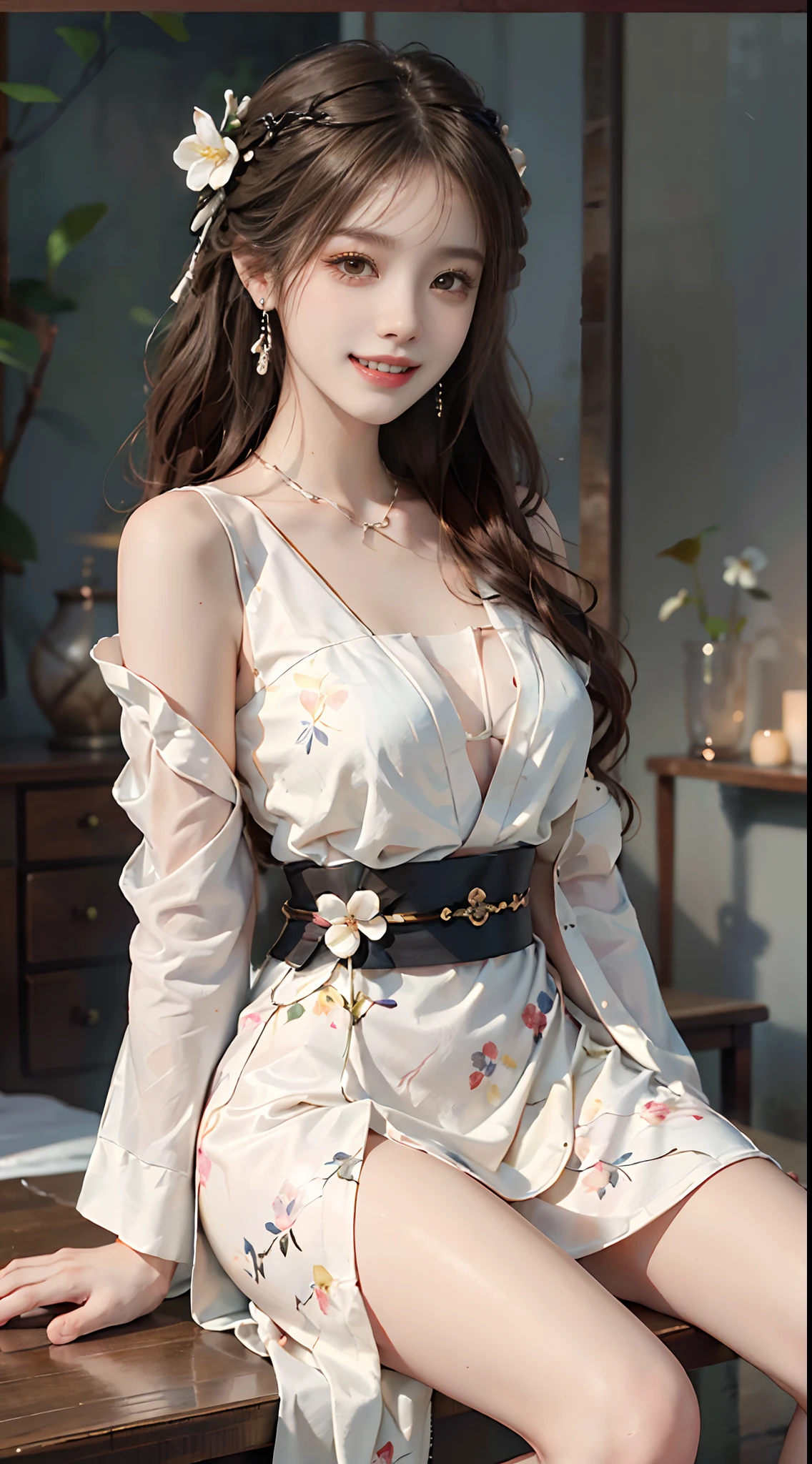 ((upper body)), ((Front Shooting)), ((realistic)), 1 Asian female model, A young girl, (Close up), (Being in the room, Sit Pose, Cross ed leg, Leaning against the dresser), Pleasing posture, Eye-catching poses, Detailed scenes, Coiled hair, Hairpins, Beautiful hair accessories, Brownish-yellow hair, light make-up, Blushlush, Gloss on lips, ((White floral Hanfu, high-waist, Nice belt)), ((warm lights, a warm color palette)), (Extremely high color saturation), Detailed details, ultra-detailliert, (tmasterpiece, best qualtiy), (An extremely delicate and beautiful work), Delicate earrings, Delicate necklace, Simple blurred background, Extreme detail description, Ultra-fine painting, Delicate face, slim toned body, Slimming the waist, (grin, happy grin, Baring teeth), (anatomy correct)