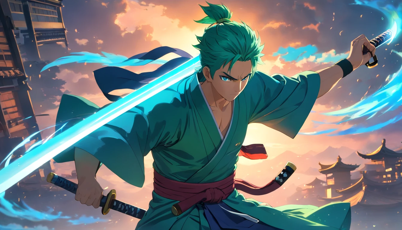 Roronoa Zoro(tmasterpiece,4K resolution,Ultra photo realsisim,The is very detailed),Solon(samurai theme,Glamorous,katana swords),Ultra HD 4K painting,Very realistic,The is very detailed。It shows a swordsman,He is a master of the katana style,Wearing a blue kimono,There are cloud details on the belt。The male protagonist has green hair,
Glows in light, Ultra photo realsisim, Dramatic shadows, film noir style, 4K
