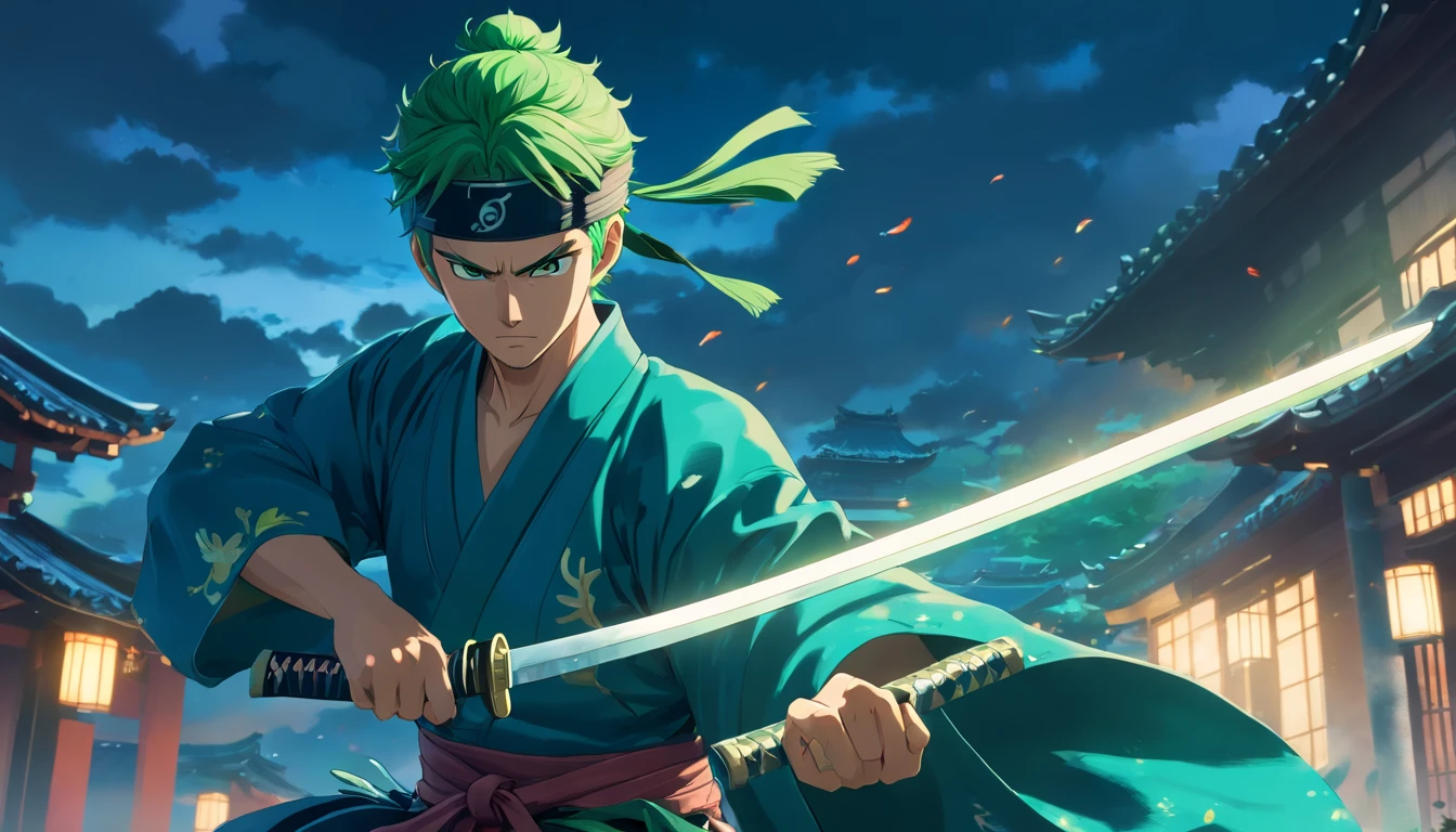 Roronoa Zoro（tmasterpiece，4K resolution，Ultra photo realsisim，The is very detailed），Solon（samurai theme，Glamorous，katana swords），Ultra HD 4K painting，Very realistic，The is very detailed。It shows a swordsman，He is a master of the katana style，Wearing a blue kimono，There are cloud details on the belt。The male protagonist has green hair，
Glows in light, Ultra photo realsisim, Dramatic shadows, film noir style, 4K