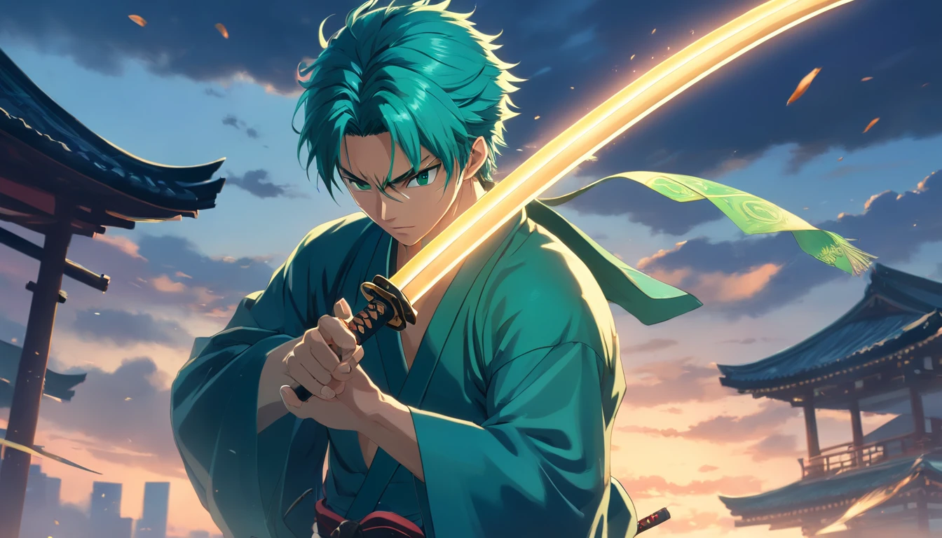 Roronoa Zoro（tmasterpiece，4K resolution，Ultra photo realsisim，The is very detailed），Solon（samurai theme，Glamorous，katana swords），Ultra HD 4K painting，Very realistic，The is very detailed。It shows a swordsman，He is a master of the katana style，Wearing a blue kimono，There are cloud details on the belt。The male protagonist has green hair，
Glows in light, Ultra photo realsisim, Dramatic shadows, film noir style, 4K