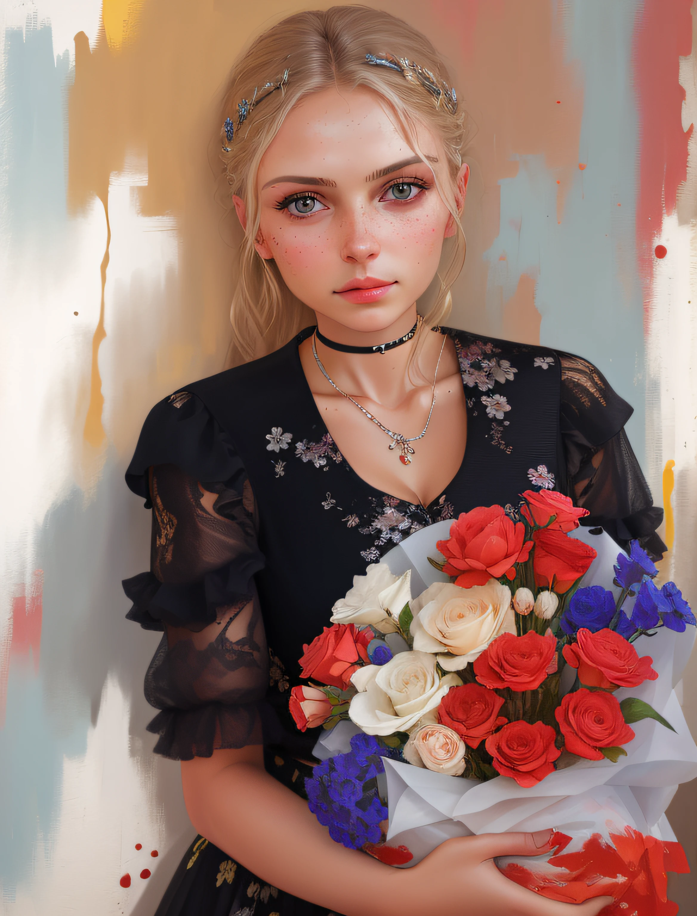 There is a woman, holding a bouquet of flowers in her hands, stands against the background of a wall of paint, On the back is an oil abstraction painting, moleksandra shchaslyva, marina federovna, maria panfilova, anastasia ovchinnikova, alina ivanchenko, olga buzova, nadezhda tikhomirova, svetlana tigai, svetlana belyaeva