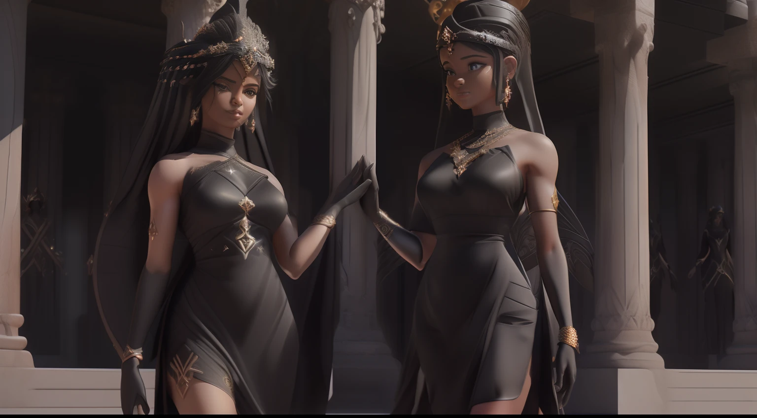 Concept art, ultrarealistic, sexy, 1 tall woman, 1 Egyptian goddess, Egyptian skin tone, poised woman, extreme detail, firm and piercing eyes, perfect face, seductive gaze, double eyelid, perfect eyes, slim waist, strong butt, thin waist, shapely thighs, flat stomach, full body pose, voluminous, black haircut, public hair, side pose, full body, full body pose, side pose, front pose, full body pose, t-pose, furrowed brow, wide eyes, photorealistic, hyperrealism --auto --s2