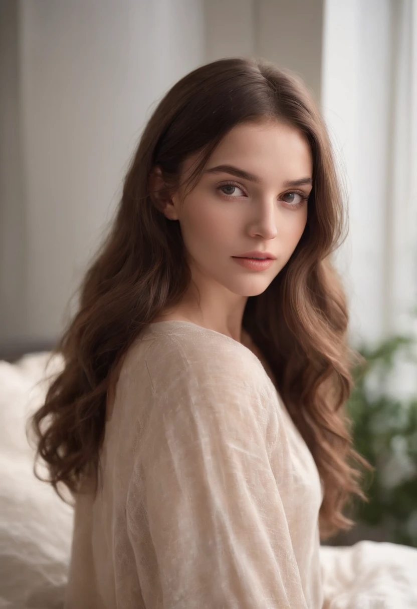 Photo of a 20-year-old European girl, .RAW, beautiful woman, (extra long wavy brown hair), (portrait), (Detailed face:1.2), (LED facial features of Detaï)), (finely detailed skin), dark skin, peau d'espagnol, avec un pull, Bedroom environment, assis sur le lit, (couleur froide), humide, humide, Reflectors, (masutepiece) (proportions parfaites) (Realistic photos) (Best quality) (Detailed) photographed in a Canon EOS R5, Objectif 50mm, f/2.8, nffsw, (8k) (wallpaper) (lighting cinematic) (dramatic lighting) (mise au point nette) (complicated) mode, Du haut