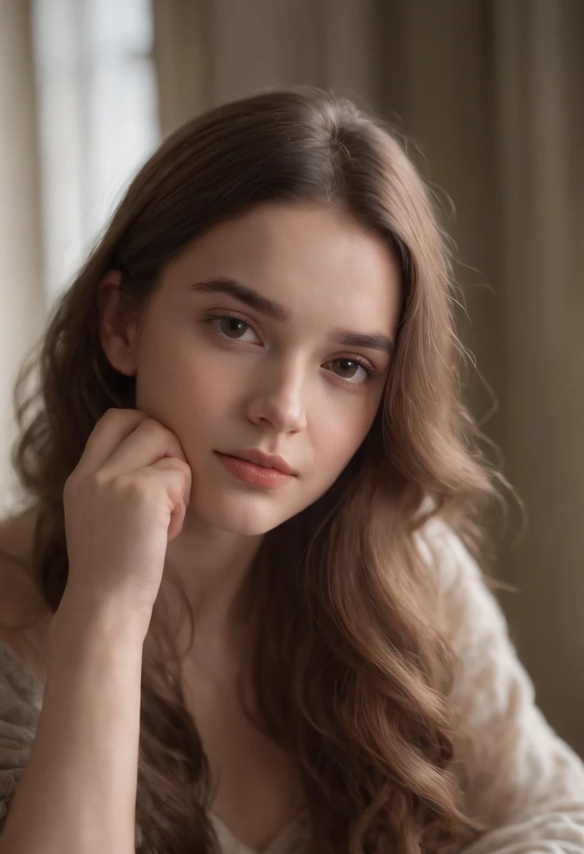 Photo of a 20-year-old European girl, .RAW, beautiful woman, (extra long wavy brown hair), (portrait), (Detailed face:1.2), (LED facial features of Detaï)), (finely detailed skin), dark skin, peau d'espagnol, avec un pull, Bedroom environment, assis sur le lit, (couleur froide), humide, humide, Reflectors, (masutepiece) (proportions parfaites) (Realistic photos) (Best quality) (Detailed) photographed in a Canon EOS R5, Objectif 50mm, f/2.8, nffsw, (8k) (wallpaper) (lighting cinematic) (dramatic lighting) (mise au point nette) (complicated) mode, Du haut