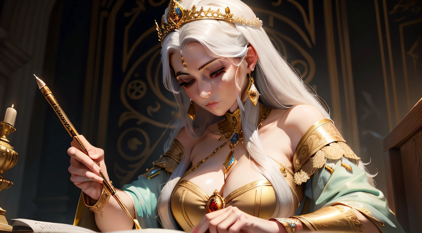 A regal woman in her 30s, wearing a royal priestess attire, with gold jewelry and a tiara. She holds a stylus and writes on a clay tablet