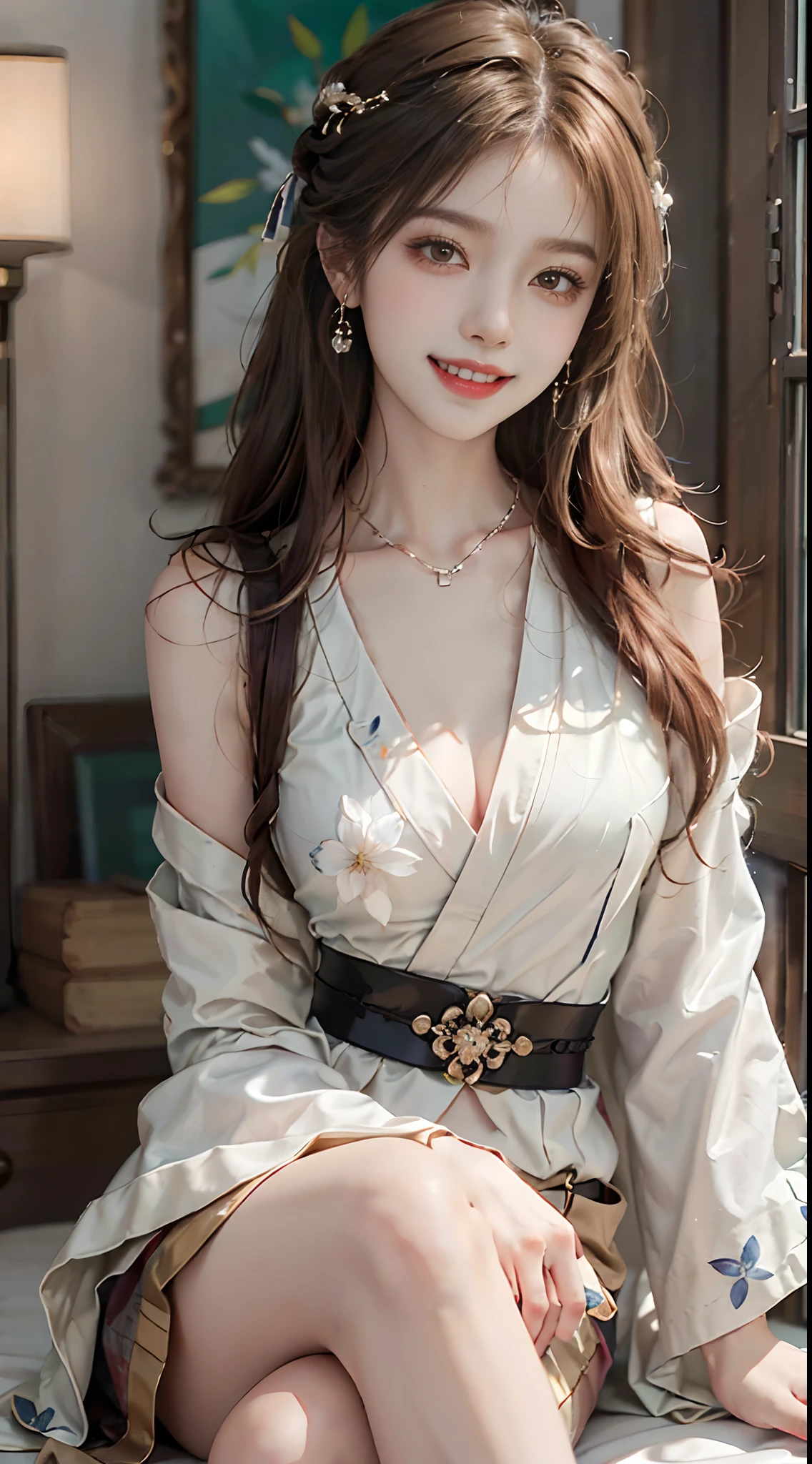 ((upper body)), ((Front Shooting)), ((realistic)), 1 Asian female model, A young girl, (Close up), (Being in the room, Sit Pose, Cross ed leg, Leaning against the dresser), Pleasing posture, Eye-catching poses, Detailed scenes, Coiled hair, Hairpins, Beautiful hair accessories, Brownish-yellow hair, light make-up, Blushlush, Gloss on lips, ((White floral Hanfu, high-waist, Nice belt)), ((warm lights, a warm color palette)), (Extremely high color saturation), Detailed details, ultra-detailliert, (tmasterpiece, best qualtiy), (An extremely delicate and beautiful work), Delicate earrings, Delicate necklace, Simple blurred background, Extreme detail description, Ultra-fine painting, Delicate face, slim toned body, Slimming the waist, (grin, happy grin, Baring teeth), (anatomy correct)
