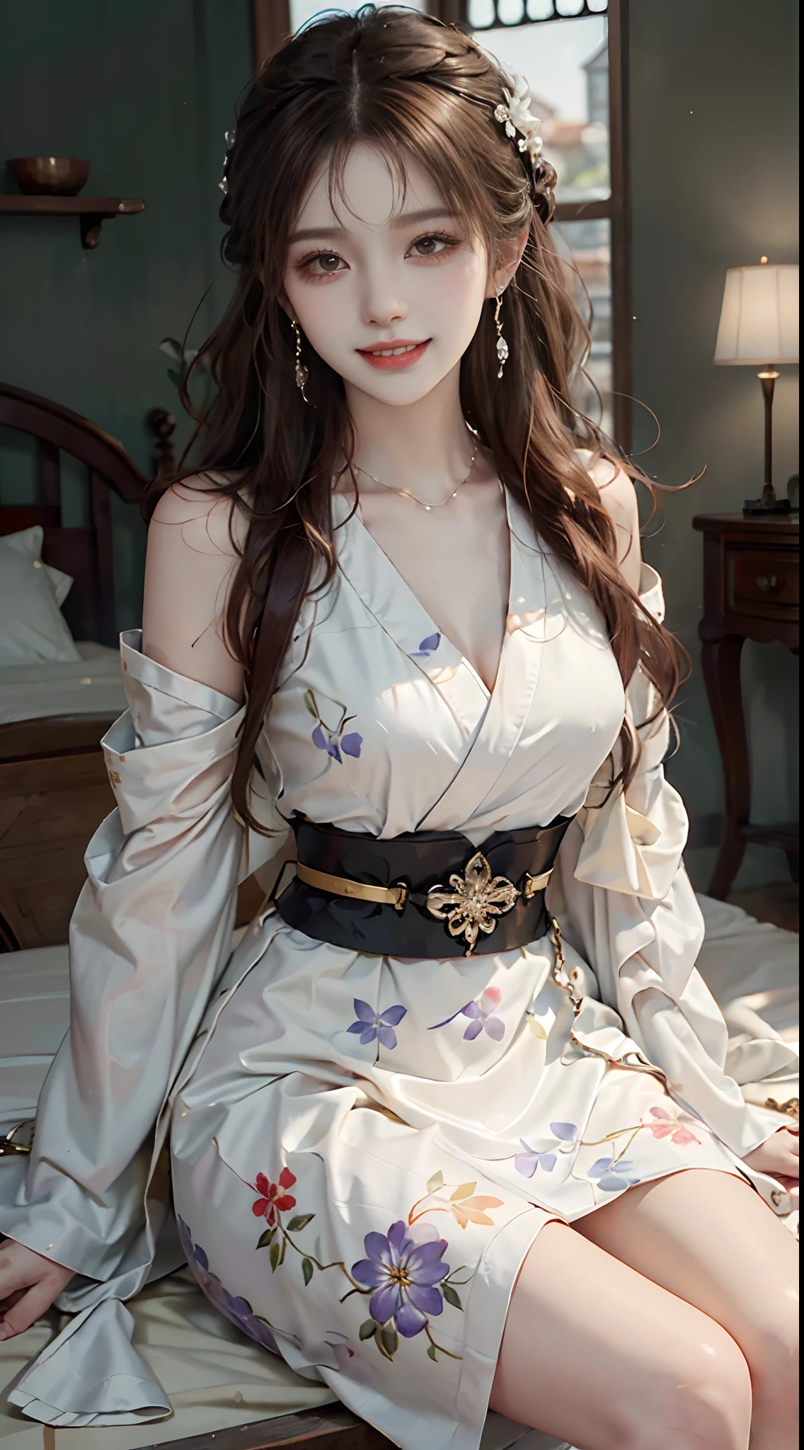 ((upper body)), ((Front Shooting)), ((realistic)), 1 Asian female model, A young girl, (Close up), (Being in the room, Sit Pose, Cross ed leg, Leaning against the dresser), Pleasing posture, Eye-catching poses, Detailed scenes, Coiled hair, Hairpins, Beautiful hair accessories, Brownish-yellow hair, light make-up, Blushlush, Gloss on lips, ((White floral Hanfu, high-waist, Nice belt)), ((warm lights, a warm color palette)), (Extremely high color saturation), Detailed details, ultra-detailliert, (tmasterpiece, best qualtiy), (An extremely delicate and beautiful work), Delicate earrings, Delicate necklace, Simple blurred background, Extreme detail description, Ultra-fine painting, Delicate face, slim toned body, Slimming the waist, (grin, happy grin, Baring teeth), (anatomy correct)