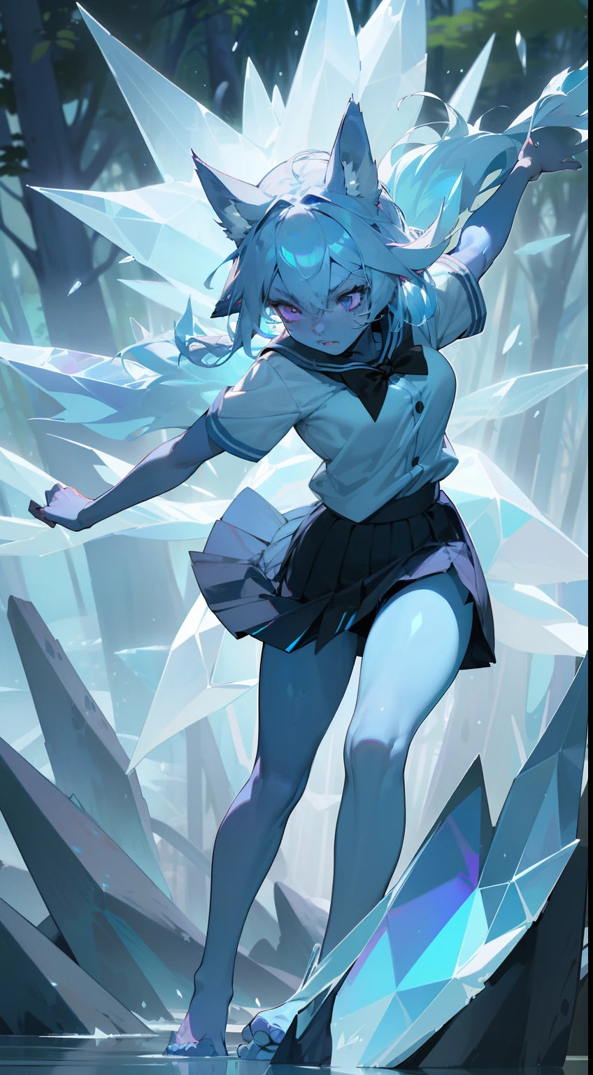 1girl water spirit,20s,solo,(((blue skin))),serious face,(((white school shirt))),(((black scholl skirt))),small tits,(((light blue hair))),long hair,sexy,purple eyes,elves ears,fox ears,lustrous body,barefoot,(((standing in front of a forest))),(((attacking with magic of ice crystals))),running