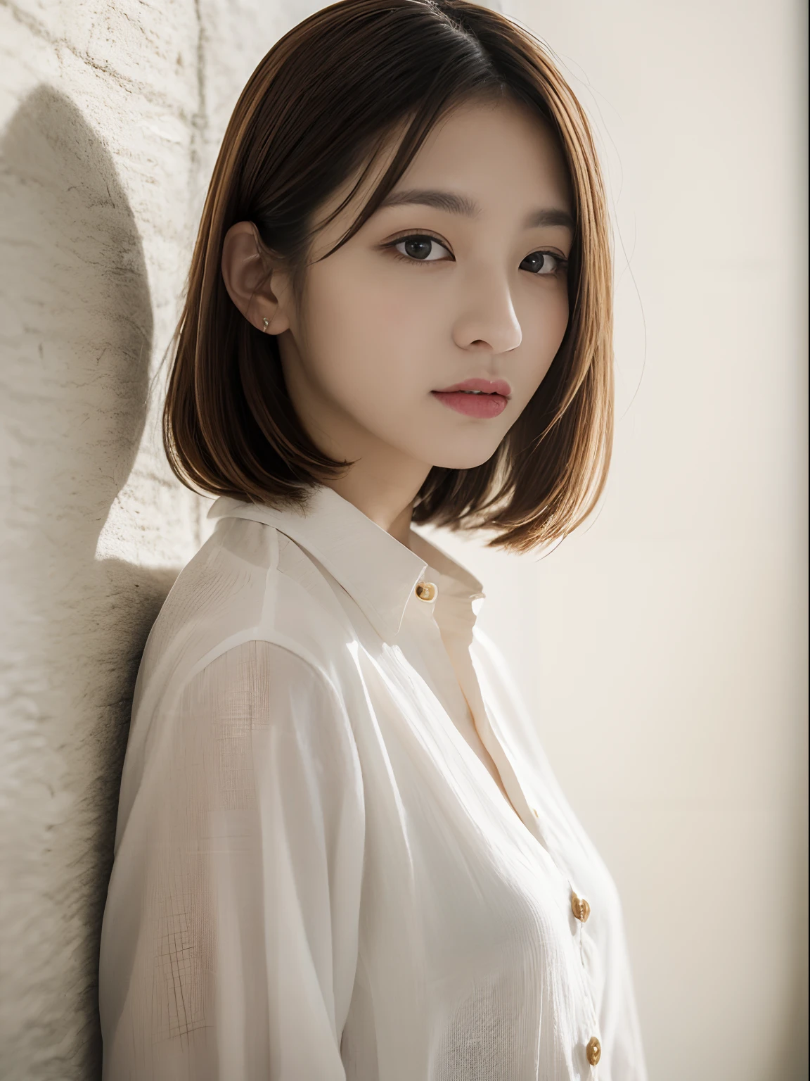 ((​masterpiece,top-quality)), (photographrealistic:1.4),((masutepiece,8K)) ,Studio Soft Light, Rim Lights, vibrant detail, The ultra-detailliert, realistic skin textures, Detail Face, Beautiful detail eyes, Very detailed CG Unity 8k wallpaper, make - up, (detailedbackground:1.2), (cowboy shot:1.2),(perfect anatomia:1.2),Japanese, 1womanl, layers-Cut, Faint thin bunches of bangs, Age 32 years old, Detailed skin,tunic blouse, White background, White Room,white walls、looking at viewer