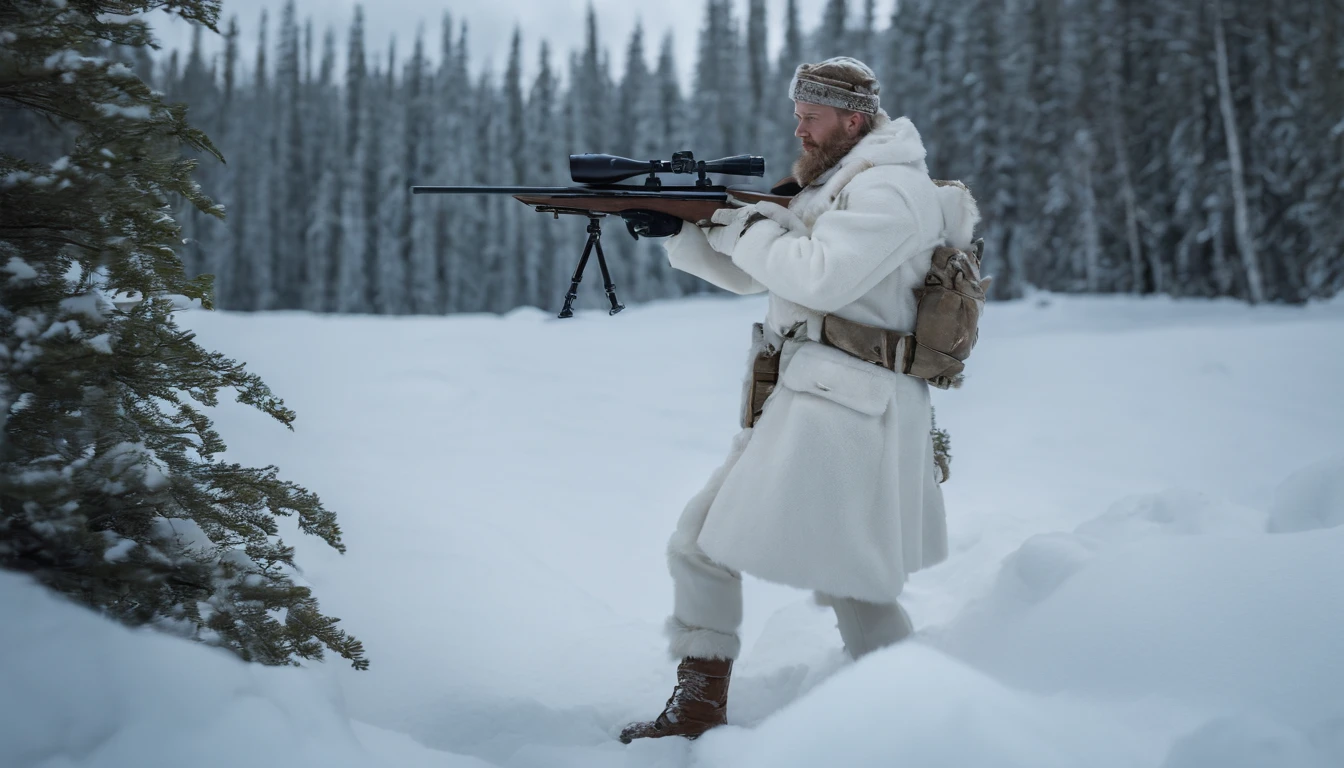 A reenactment image of Simo Häyhä wearing his white camouflage suit, hidden in the snowy wilderness with sniper rifle