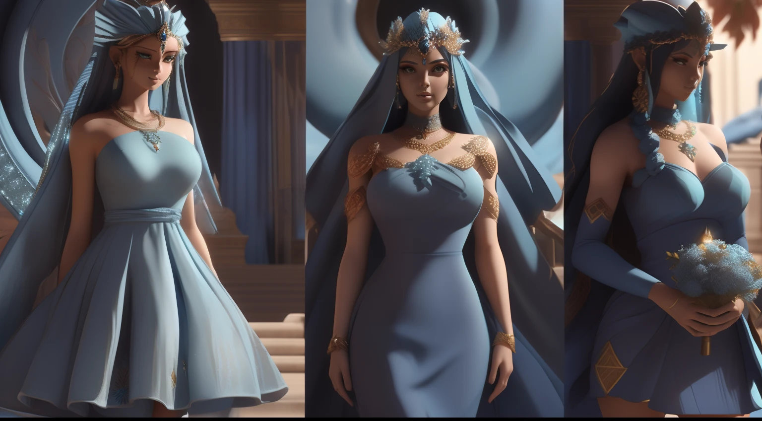 3D model, 3dmdt1, 3d render, photo photorealism photorealistic upper body shot , (many beautiful goddesses:1.9) in (gorgeous blue dress:2.0) of completely different designs , sharp focus , outdoor, looking at the viewer, cinematic lighting