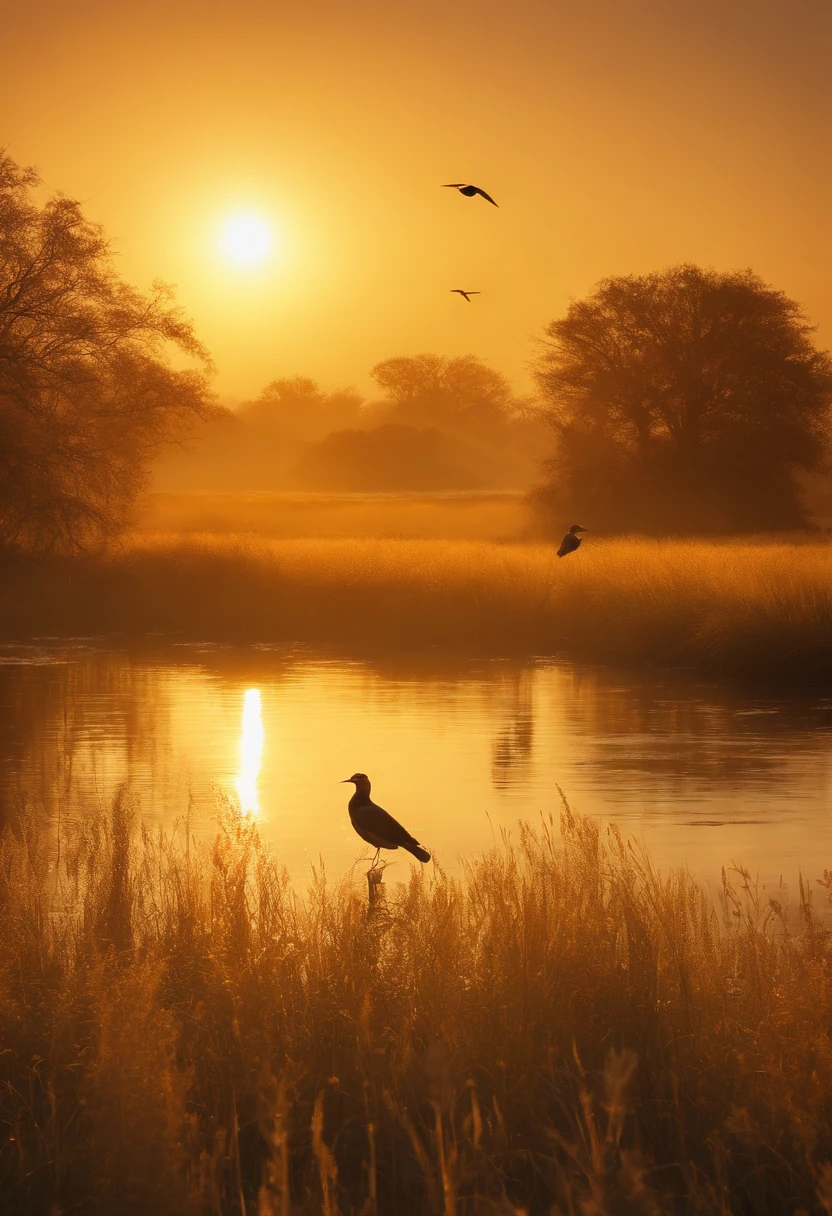 Peaceful scenery at dawn, Soft gold tones depict the horizon where birds sing, Image in 2560 x 1440 pixel format