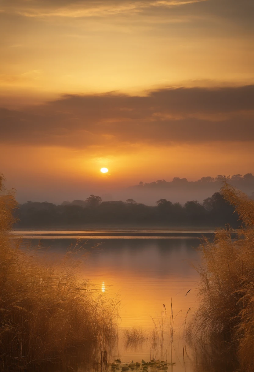 Peaceful scenery at dawn, Soft gold tones depict the horizon where birds sing, Image in 2560 x 1440 pixel format