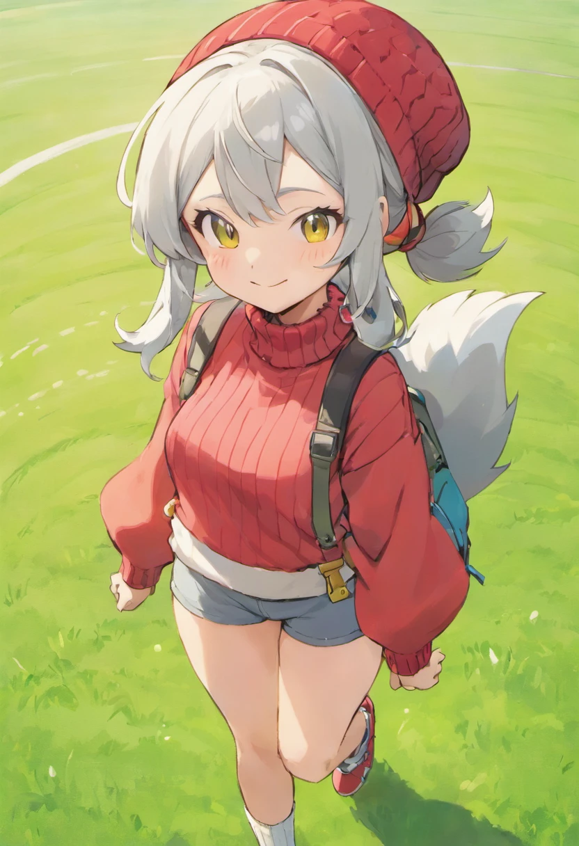 ​masterpiece, top-quality, Hi-Res, Selene 1, 1girl in, Selene 1, 1girl in, Selene\(A pokémon\), 独奏, grey  eyes, white  hair, White shorts, Red Cap Cap, Beanie, Red knitted turtleneck with long sleeves,poneyTail, Short shorts, Stripes, Yellow shirt, a belt, cowboy  shot, grassy, deph of field, a smile, Have a Poké Ball, put hands on the hip, poke ball\(fundamental\),