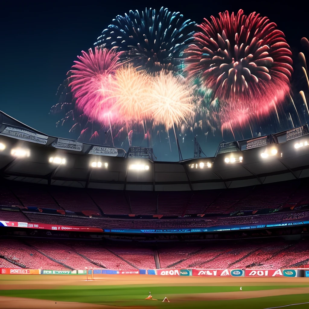 Cricket ground stadium, vibrant colours seats, night flood lights, fireworks in sky