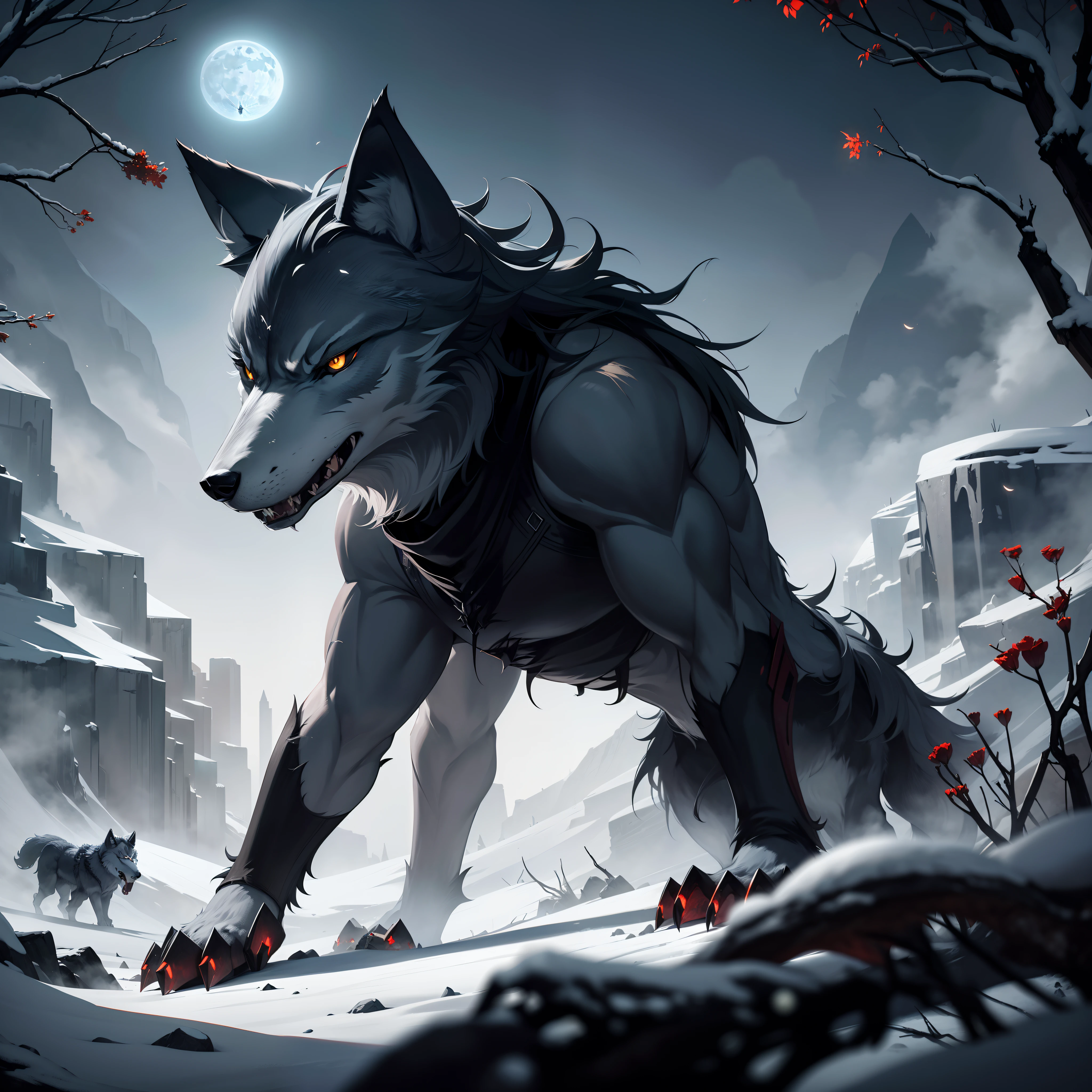 one wolf, alone, stylish, fangs, (masterpiece), best quality, badass, animal, 1wolf,(moon), fog, particles, cool, angry, scary, night, snow, furr, red eyes, trees, landscape, rocks, artistic, 4k, wallpaper, gorgeous, animal, beast, no_humans, claws, horror,beast, contrast, angry, danger, from side, (((one wolf)))