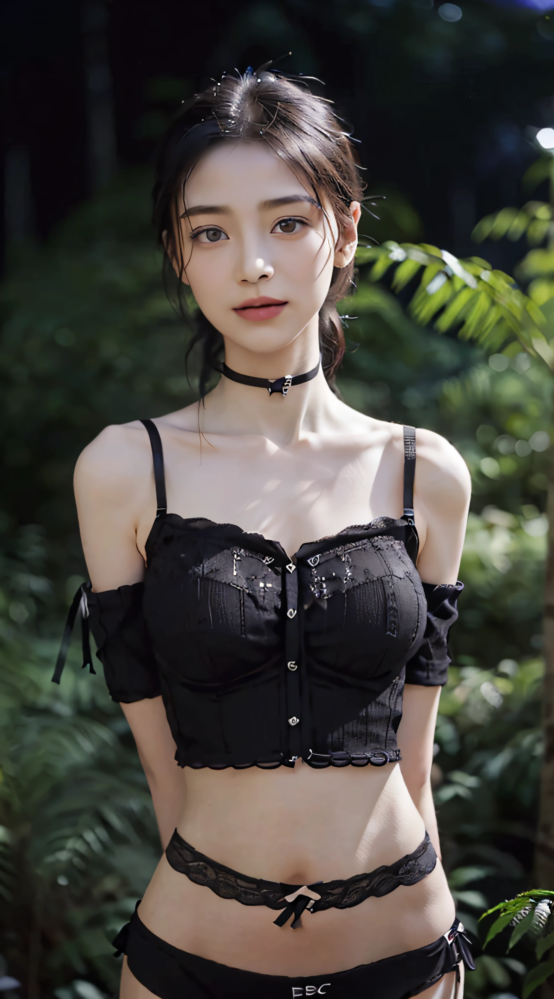 (Long:1.8), Best Quality, 8K, nffsw, hight resolution, absurderes:1.2, Blurry background, Bokeh:1.2, Photography, (Raw photo:1.2), (Photorealistic:1.4), (masutepiece:1.3), (Intricate details:1.2), 1girl in, Solo, japanaese girl, Delicate, (de pele branca:1.5), (Beautiful detailed:1.7), (Stunning innocent symmetrical face, Detailed eyes:1.5), (detailed facial features), Petite, (Large breasts, firm breasts:2), Skin Tight, (up looking_で_viewer), from a_front, (skinny), (Best Quality:1.4), (超A high resolution:1.2), cinematric light, (flat Lighting), (Extreme detailed pictures), (lipgloss, Best Quality, 超A high resolution, depth of fields, Caustics, Broad lighting, Natural Shading, 85 mm, F/1.4, ISO 200, 1/160s:0.9),(1girl in, Solo:1.6), (Blushing and smiling:1), (Lingerie, blouse, knit:1.9), ((Wide Black Choker, Silk)), (slender:2), (Thin body, thin waist, Thin arms, thin neck, thin shoulders:2), (sloped shoulder:1.8), (In the deep forest:1.8), ((the woods, There is no way)), ((Covered in dense forest)), (Pitch black night:2), (Midnight, No lighting, No light:2), (8 Head Body:1.8),