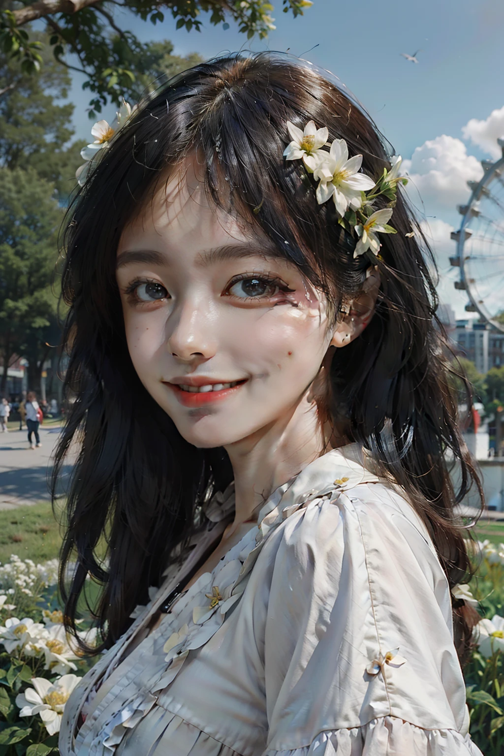 (Masterpiece), (Best quality), RAW photo, Photorealism, Photography, 1girll, ventania, Sunny, In the park, There are many white flowers in front, Sky wheel in the background, Smile