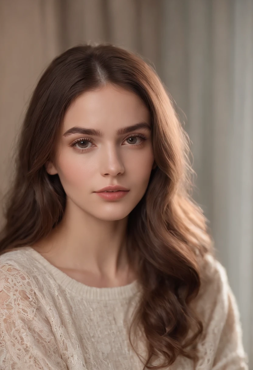 Photo of a 23-year-old European girl, .RAW, beautiful woman, (extra long wavy brown hair), (portrait), (Detailed face:1.2), (LED facial features of Detaï)), (finely detailed skin), dark skin, Brazilian skin, Tanned skin, avec un pull, Bedroom environment, assis sur le lit, (couleur chaude), Reflectors, (masutepiece) (proportions parfaites) (Realistic photos) (Best quality) (Detailed) photographed in a Canon EOS R5, Objectif 50mm, f/2.8, nffsw, (8k) (wallpaper) (lighting cinematic) (dramatic lighting) (mise au point nette) (complicated) mode, Du haut