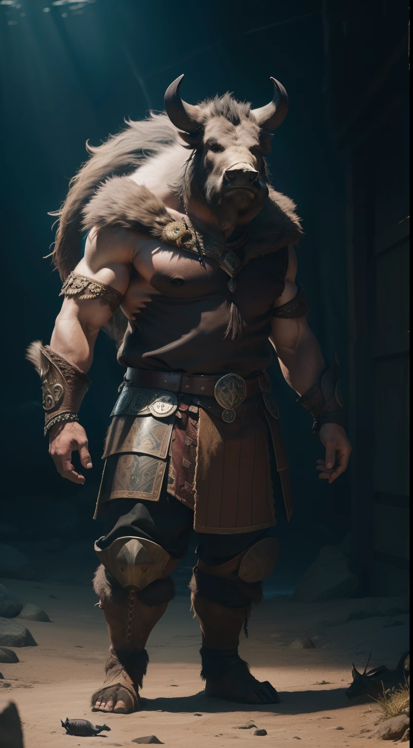 viking, dark sea, wild boar head, full body, Animal Anthropomorphism, realistic digital, humanoid, abstract background, global illumination, intricate, epic, dramatic, masterpiece, high detail, best quality, ultra high res