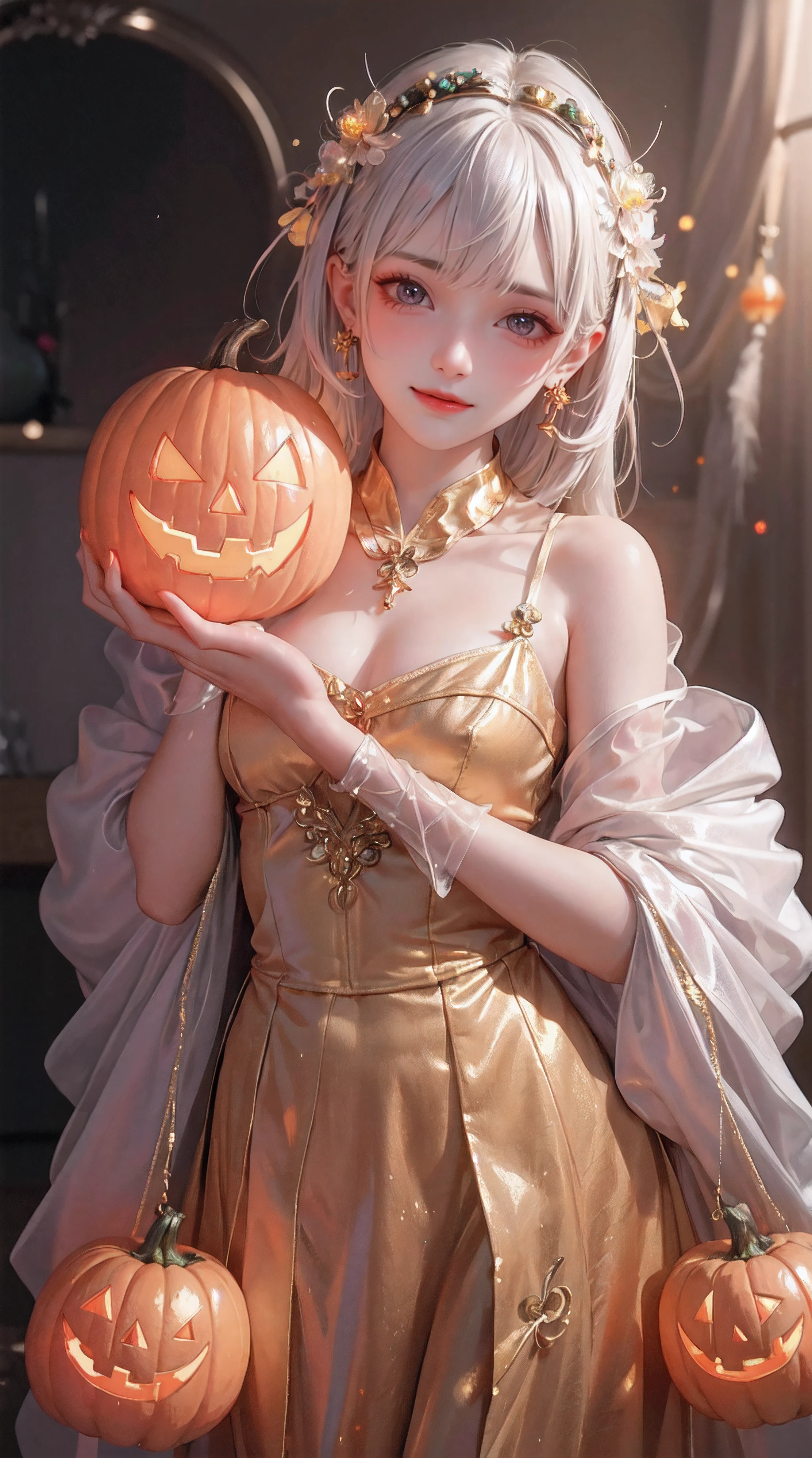 masterpiece,top-quality,top-quality,Beautifully Aesthetic:1.2,Cute glowing jack lantern head girl,can't see the girl's face,halloween night,colourful,high detailed,