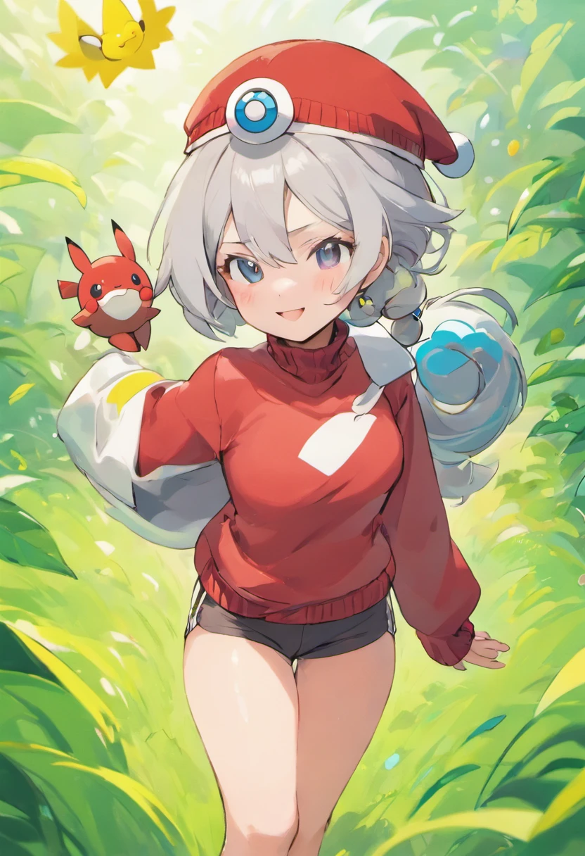 masterpiece, top-quality, Hi-Res, Selene 1, 1girl in, Selene 1, 1girl in, Selene\(A pokémon\), 独奏, grey eyes, white hair, White shorts, Red Cap Cap, Beanie, Red knitted turtleneck with long sleeves,poneyTail, Short shorts, a belt, cowboy shot, Grassy, deph of field, A smile, Have a Poké Ball, put hands on the hip, poke ball\(fundamental\),