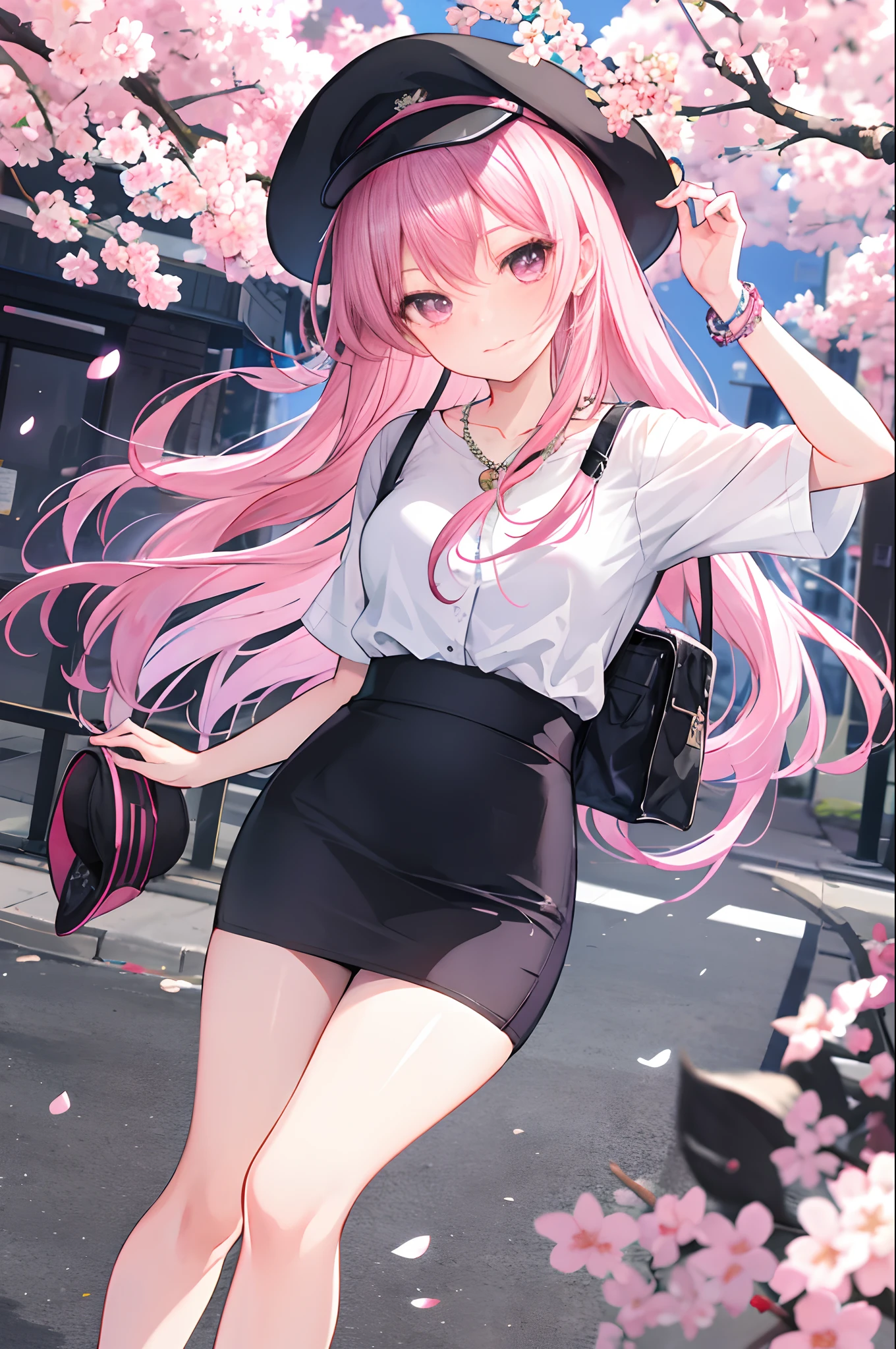 Masterpiece, Best quality, Photorealistic, Outdoors, Cherry blossoms, Night, The background is blurred out, Sunlight, Depth of field, Beautiful lighting, Cinematic lighting, street, City lights, Falling petals, Falling cherry leaves, breeze, Wind, 
Miko Wayae, Pink hair, Pink eyes, teasing, Smug, fake smile, headtilt, kneesup, necklace, wear cap, Bracelet, Skirt, (pencil skirts:1.2), upper legs, blouse, view the viewer, sunglasses, stylish hat, Glossy glossy skin, Walking, sneakers
And Raiden General, Purple hair, Purple eyes, Serious, Blush, view the viewer, Single braid, shirt, Tuck it in, necklace, Denim, Short shorts, Sneakers, Socks, shirt, Long sleeves, Long hair, Crossed legs, sunglasses, (stylish hat:1.2), Glossy glossy skin, Walking