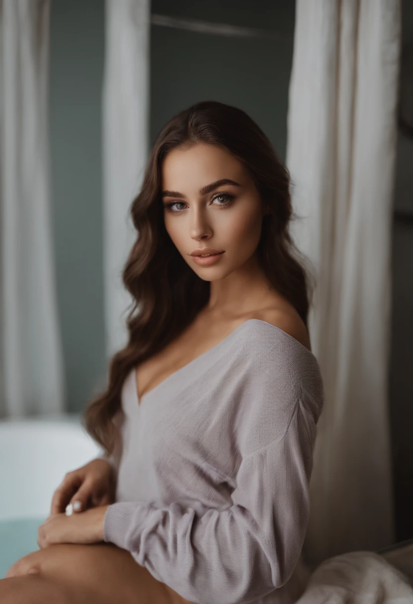 arafed woman with matching underwear, sexy girl with brown eyes, portrait sophie mudd, brown hair and large eyes, selfie of a young woman, bedroom eyes, violet myers, without makeup, natural makeup, looking directly at the camera, face with artgram, subtle makeup, stunning full body shot, in the bath, cleavage