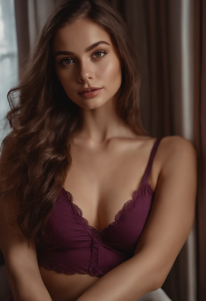 arafed woman with matching underwear, sexy girl with brown eyes, portrait sophie mudd, brown hair and large eyes, selfie of a young woman, bedroom eyes, violet myers, without makeup, natural makeup, looking directly at the camera, face with artgram, subtle makeup, stunning full body shot, in the bath, cleavage