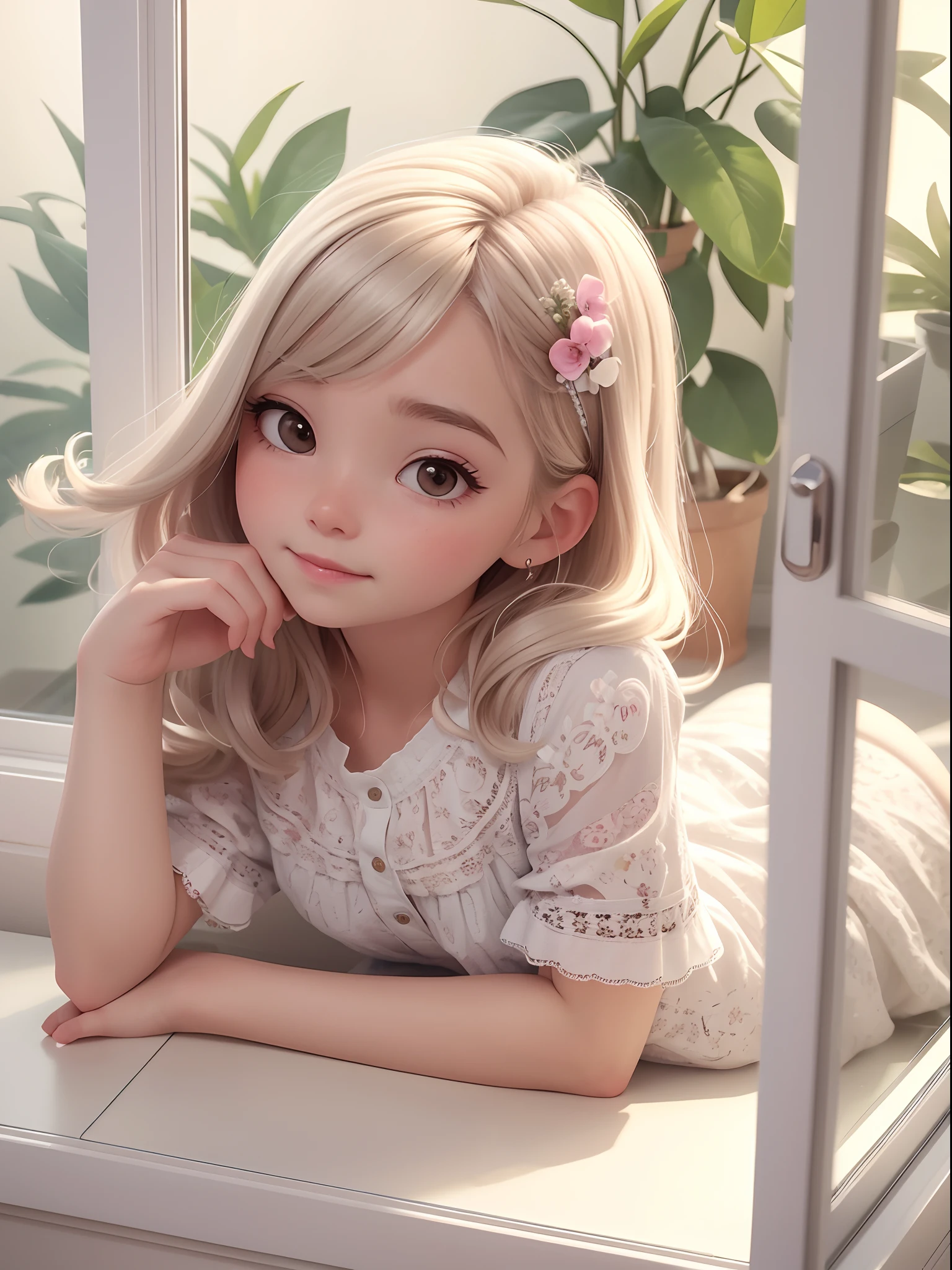 1girll,Hairpins,Lying on your stomach by the window,Look out the window,adolable,Cute pose hair accessories,Works of masters,Fresh color background,cute room,Fresh air,There were flowers and plants in the room,Study desk,。.。.3D,light colors hair,lindo cenario,the detail,carefully,Rich background,High picture quality,Best quality girls' room,janelas,View from the window