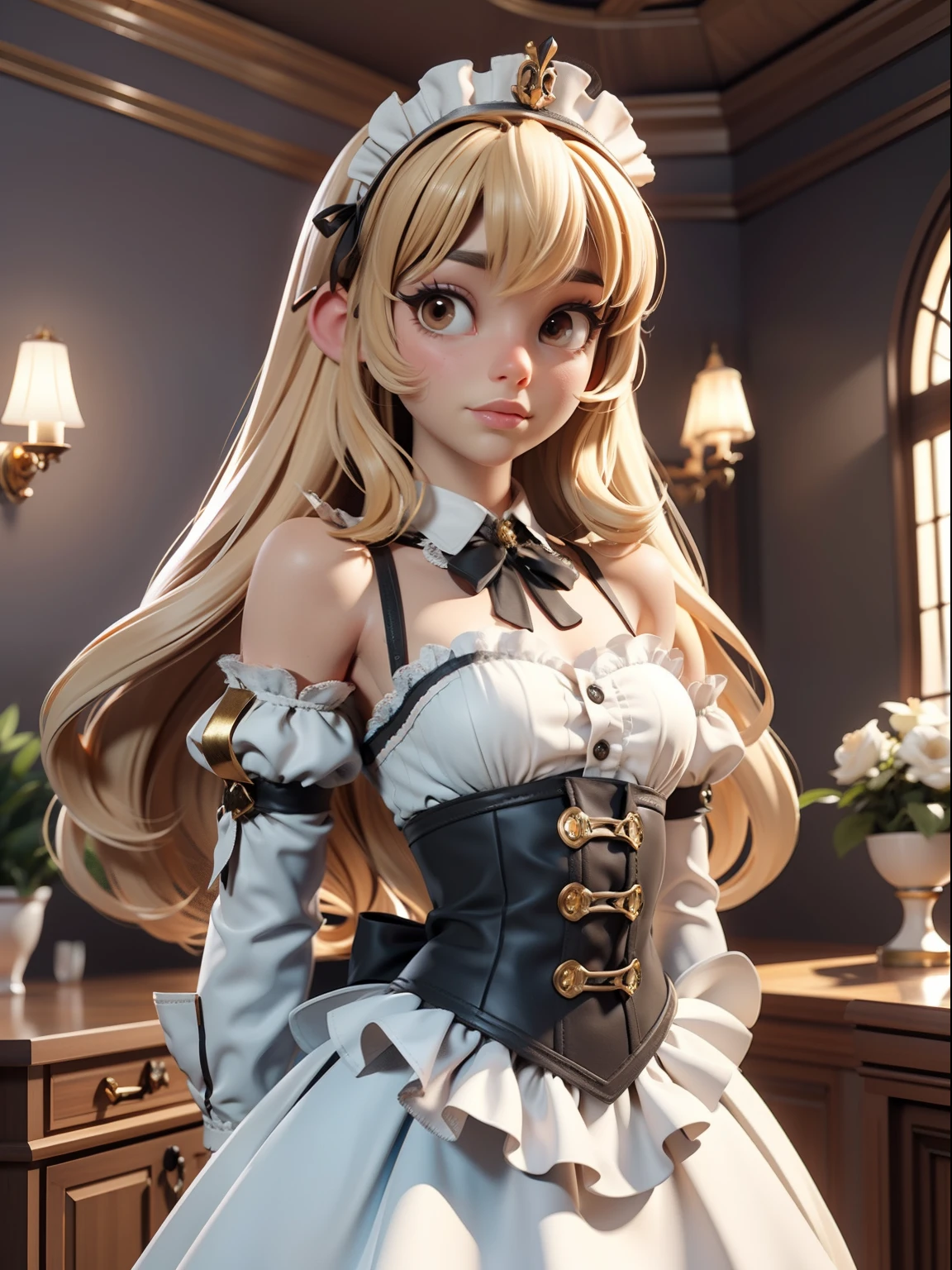 Masterpiece, Best quality, Highly detailed, A high resolution, hdr,, chobits, chii, insensibility,, 1girll, Solo, bangs, Bare shoulders, Breasts, Brown eyes, Clamp (circle) (Style), Platinum blonde hair, Very long hair, robot ears, Small breasts, hair tubes,, maid, maid headdress, maid apronl, Victorian maid, Maid dress,, MKSKS style, Beautiful background, Detailed background, professional lightning, mansion, indoor, gold ornaments, gold, Gold effect,3d,c4d
